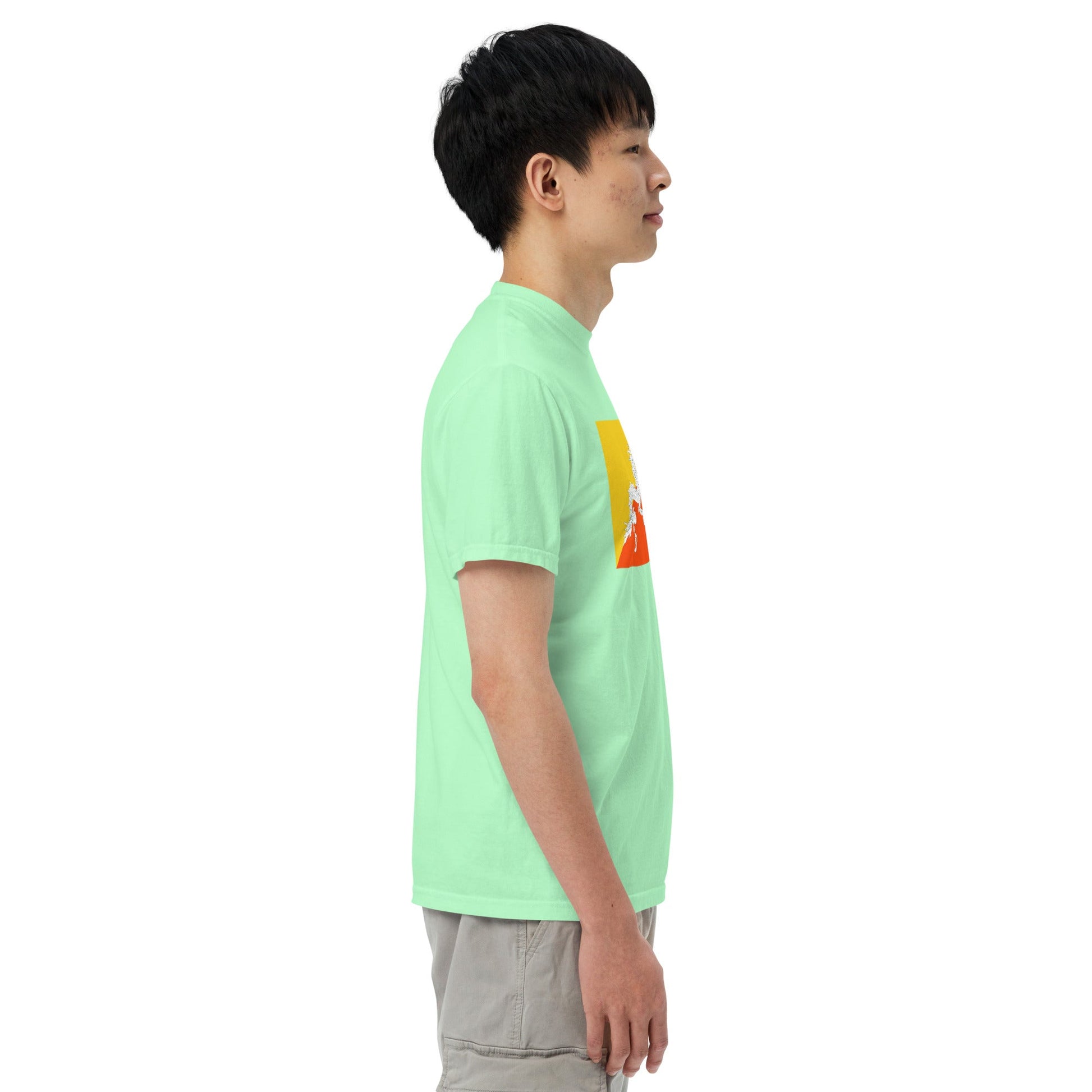 Stylish Bhutan flag t-shirt laid flat, 2X large, true navy