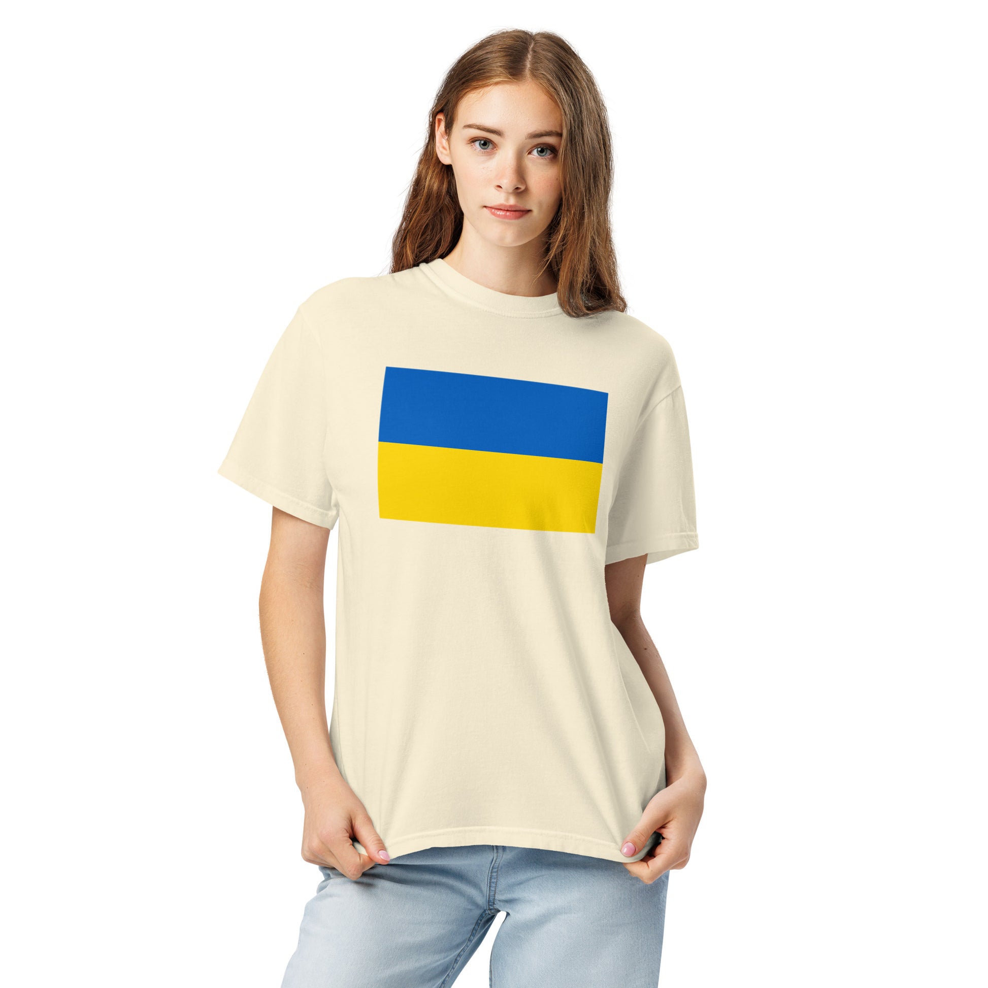 Flat lay of red Ukraine flag tee, large size