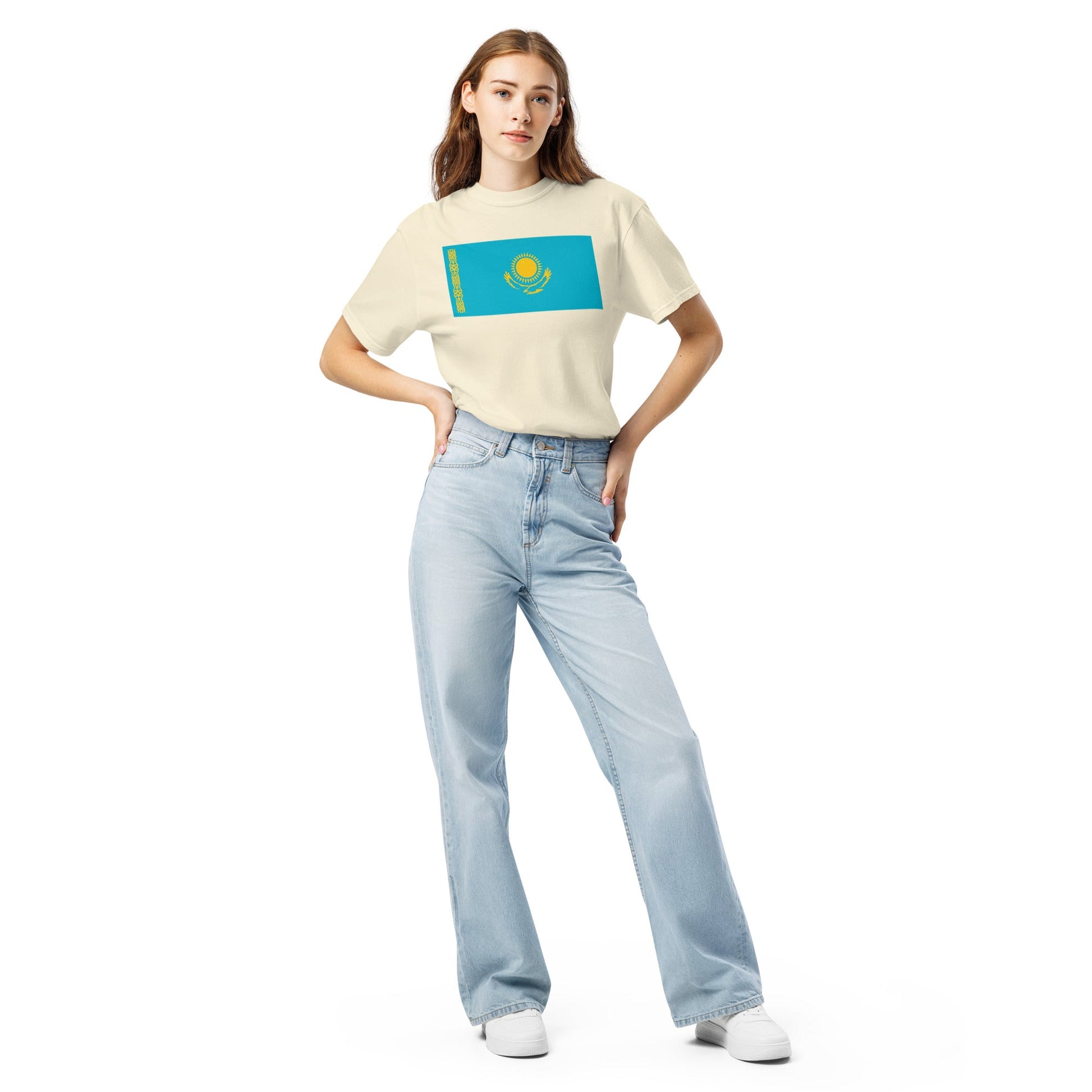 red shirt with Kazakhstan flag design, medium
