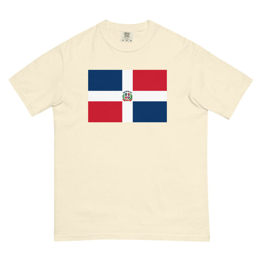 Stylish Dominican flag t-shirt laid flat, small, black