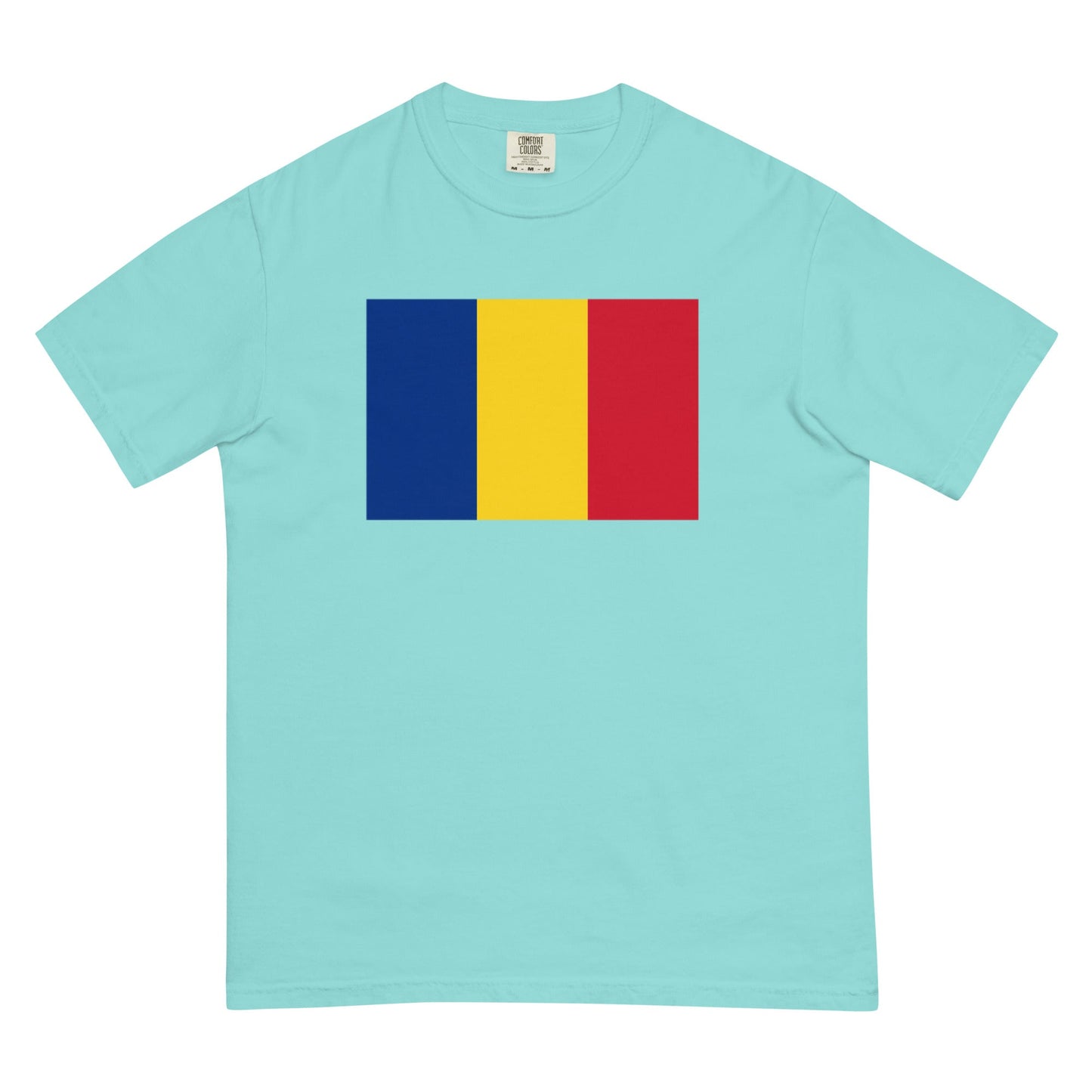 Flat lay of black Romania flag tee, small size