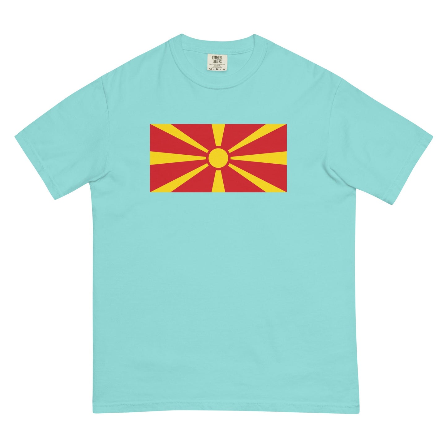 Flat lay of true navy North Macedonia Formerly Macedonia flag tee, large size