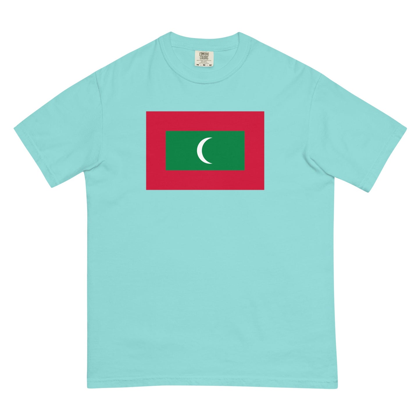 Flat lay of blue spruce Maldives flag tee, small size