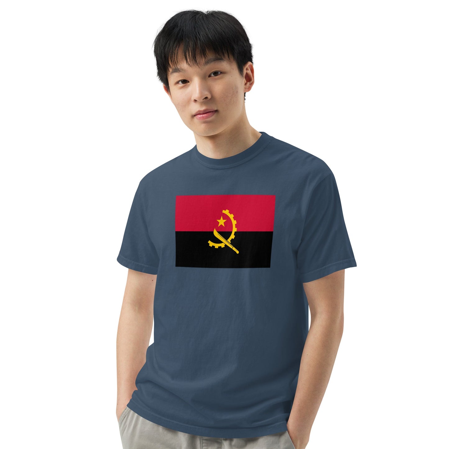 Flat lay of black Angola flag tee, medium size