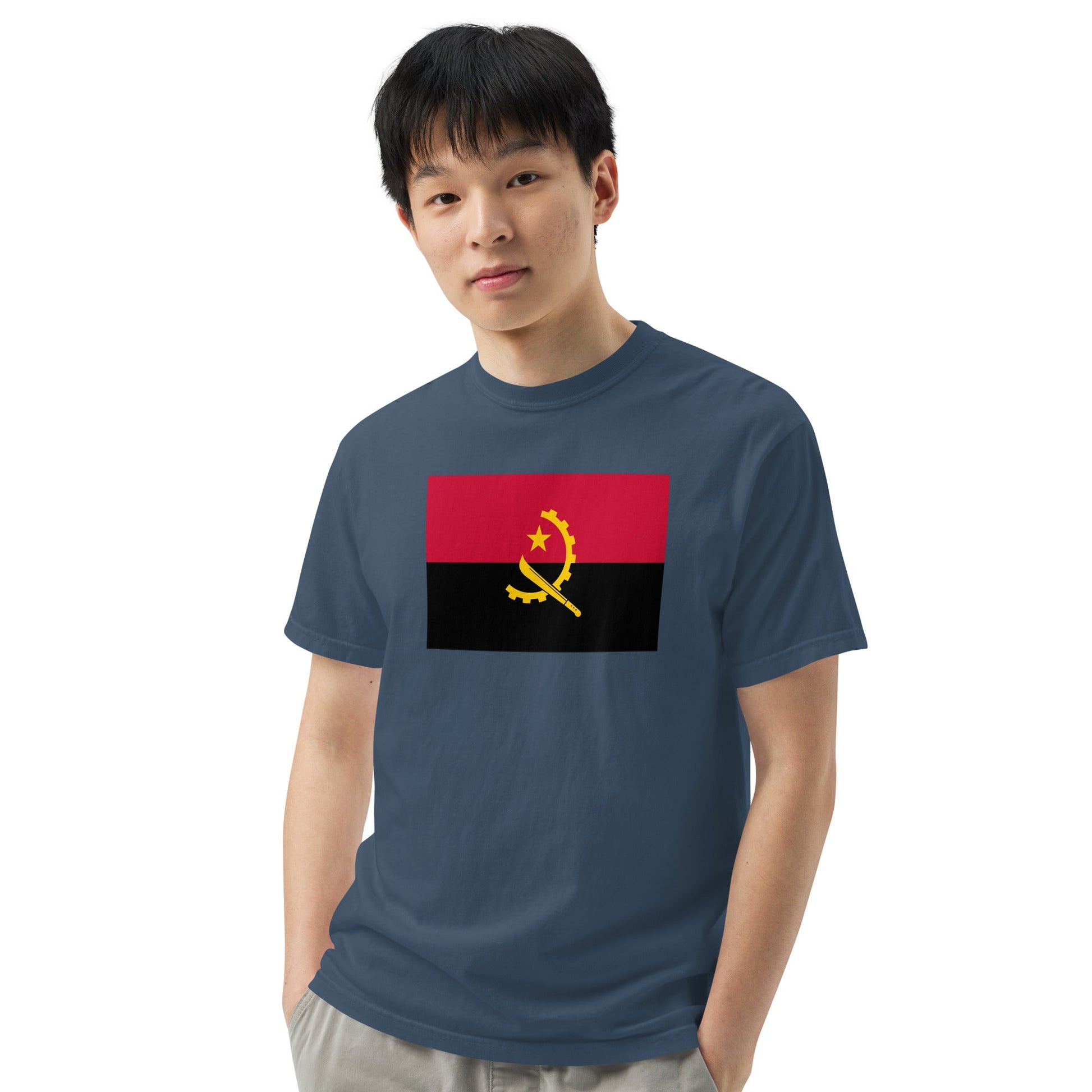 Flat lay of black Angola flag tee, medium size