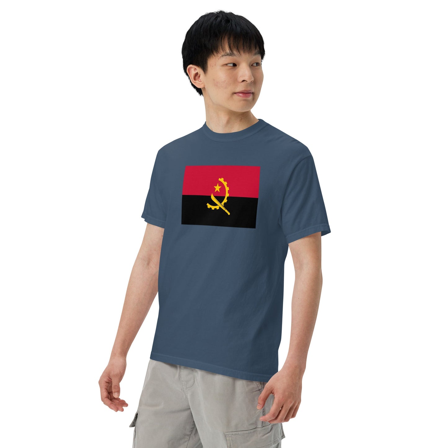 Flat lay of black Angola flag tee, extra large size