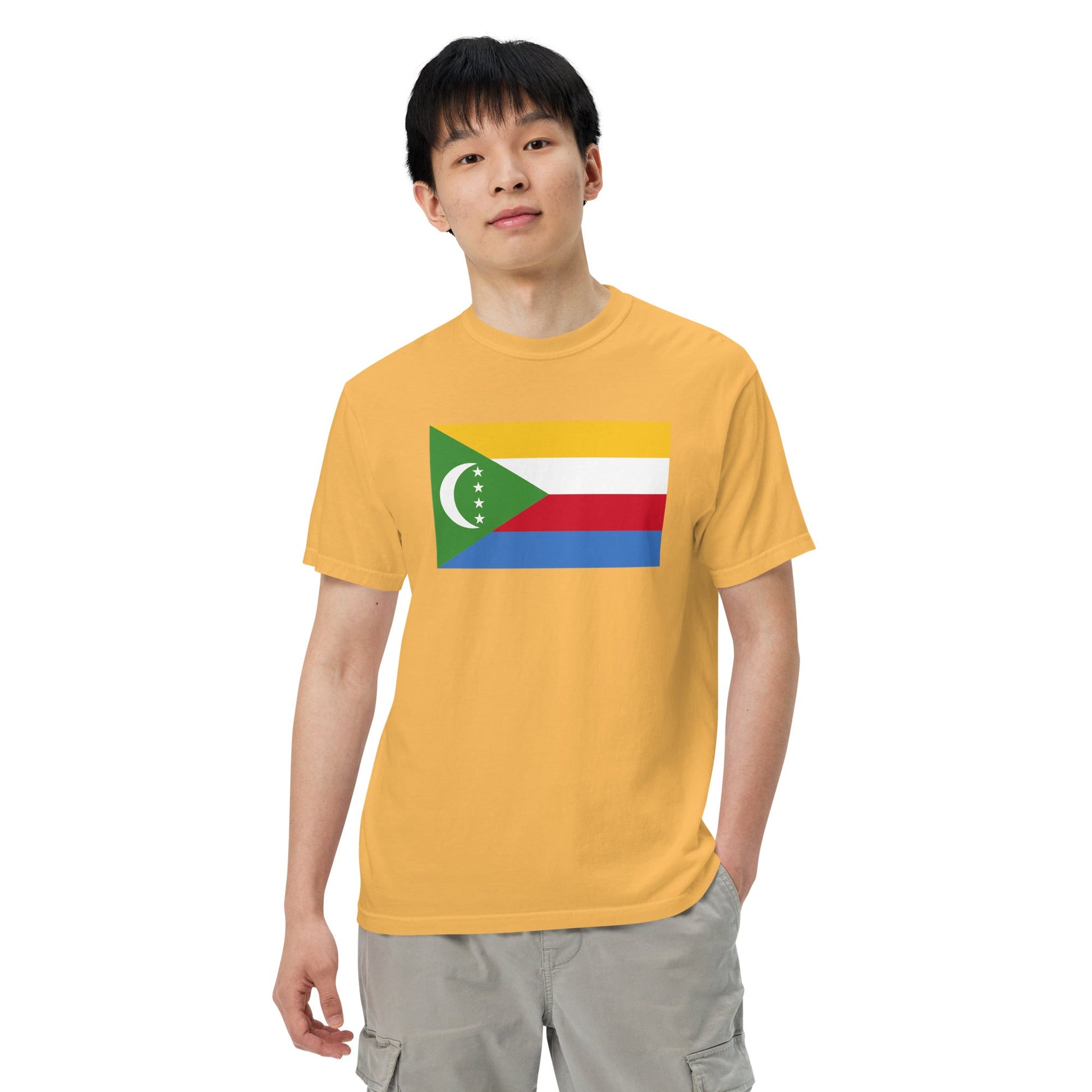 Stylish Comoros flag t-shirt laid flat, 4X large, red