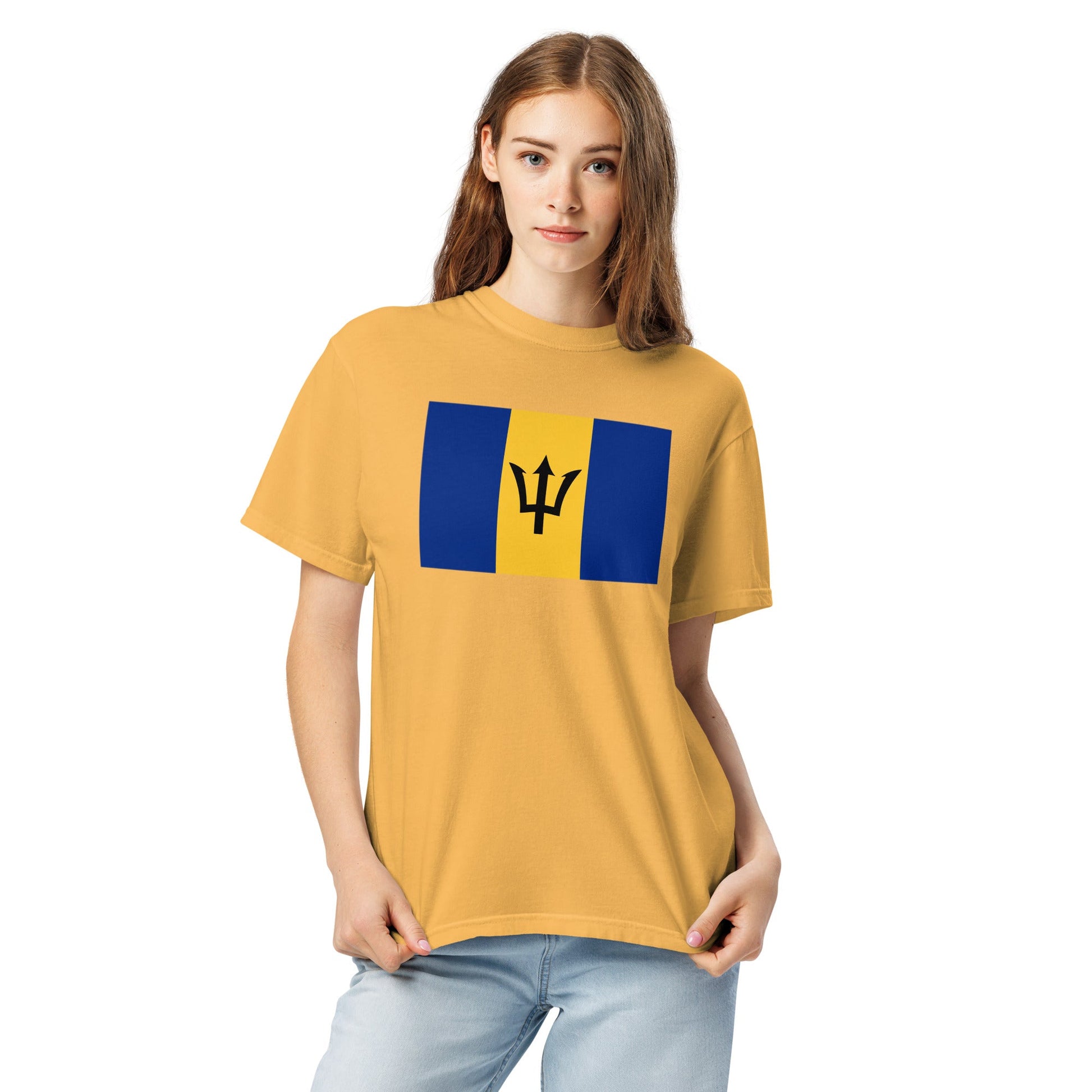 Flat lay of red Barbados flag tee, 4X large size