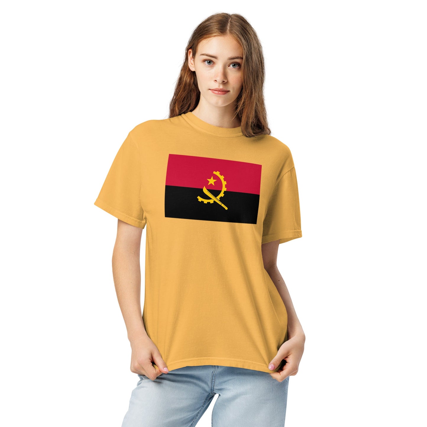 Flat lay of berry Angola flag tee, large size