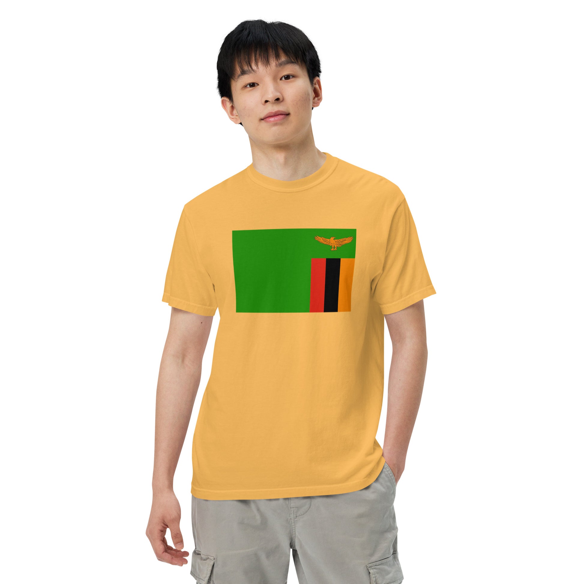 Flat lay of true navy Zambia flag tee, 2X large size