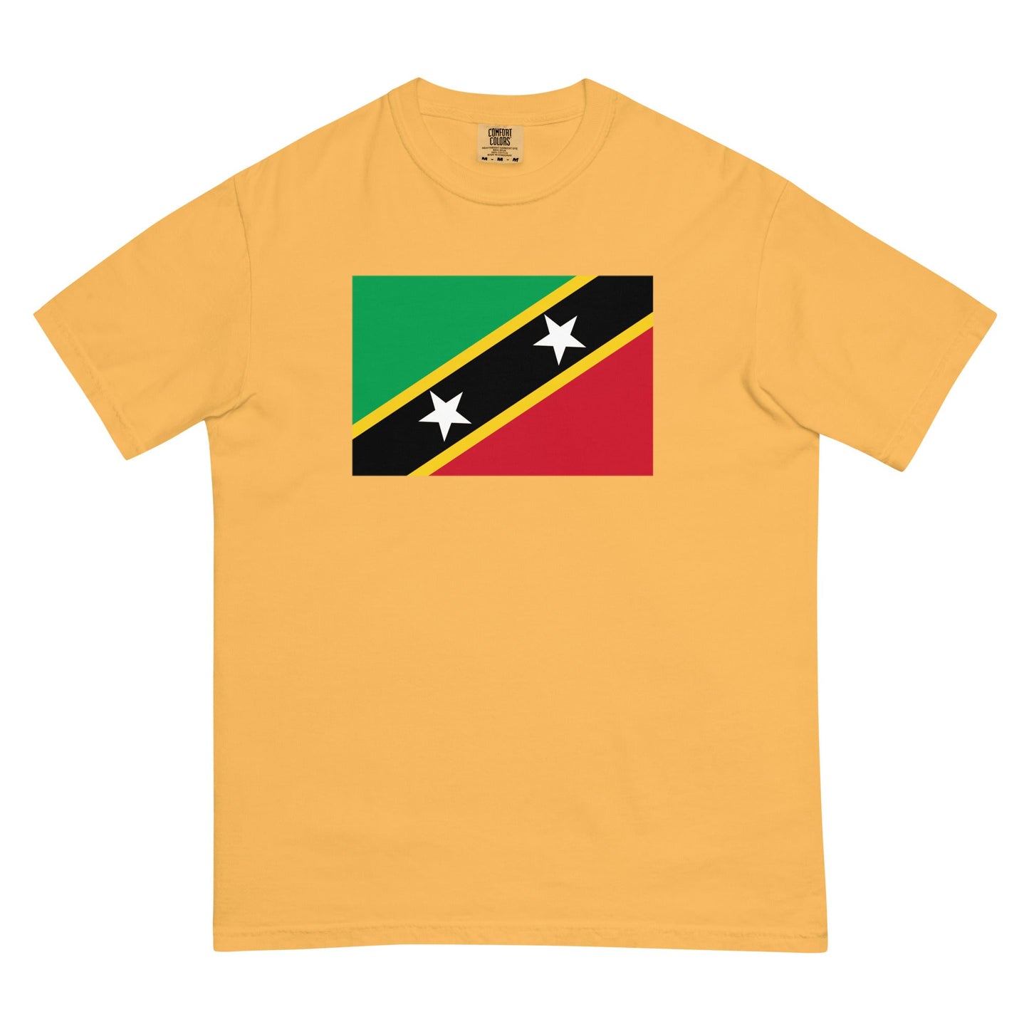 Stylish Saint Kitts And Nevis flag t-shirt laid flat, small, brick