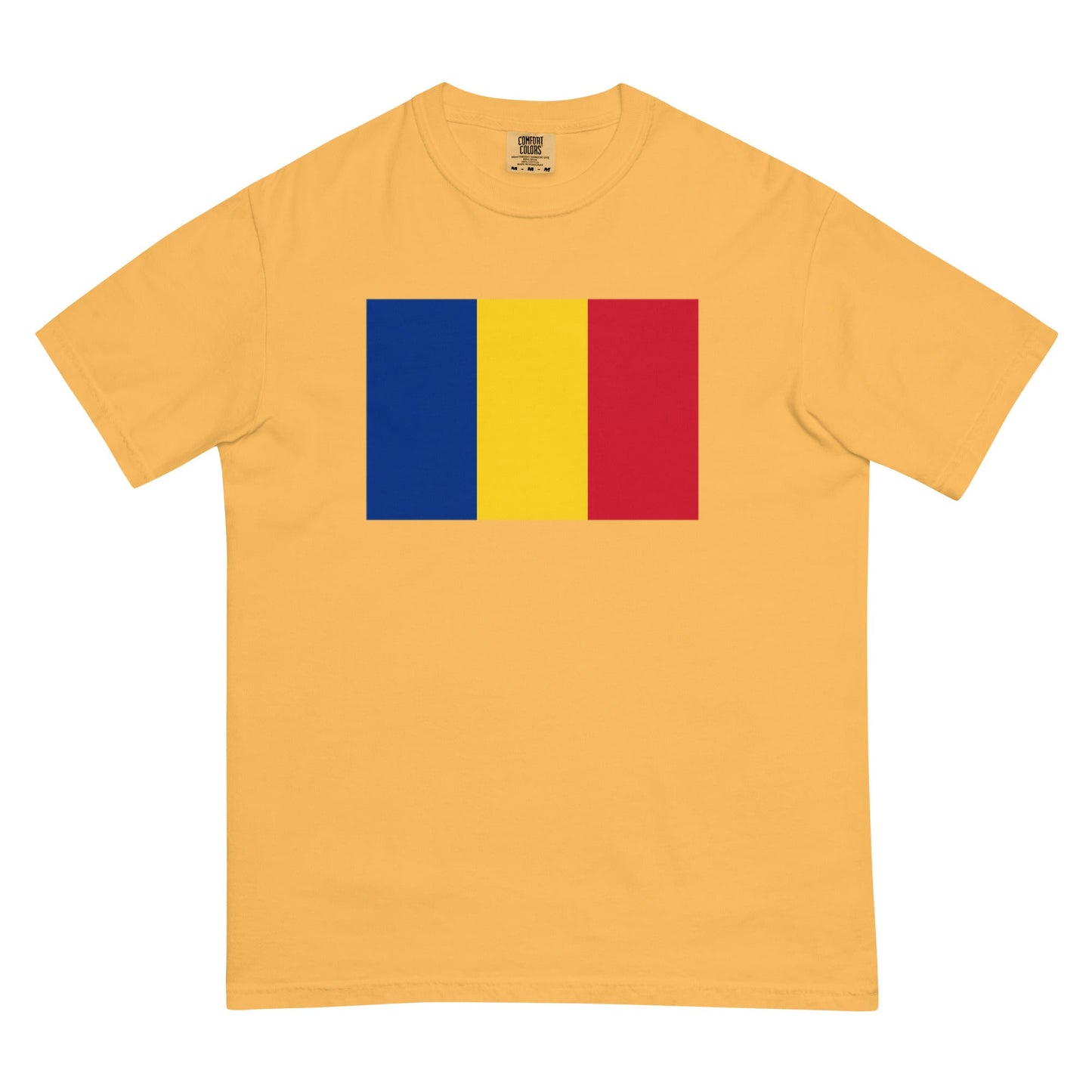Flat lay of berry Romania flag tee, small size