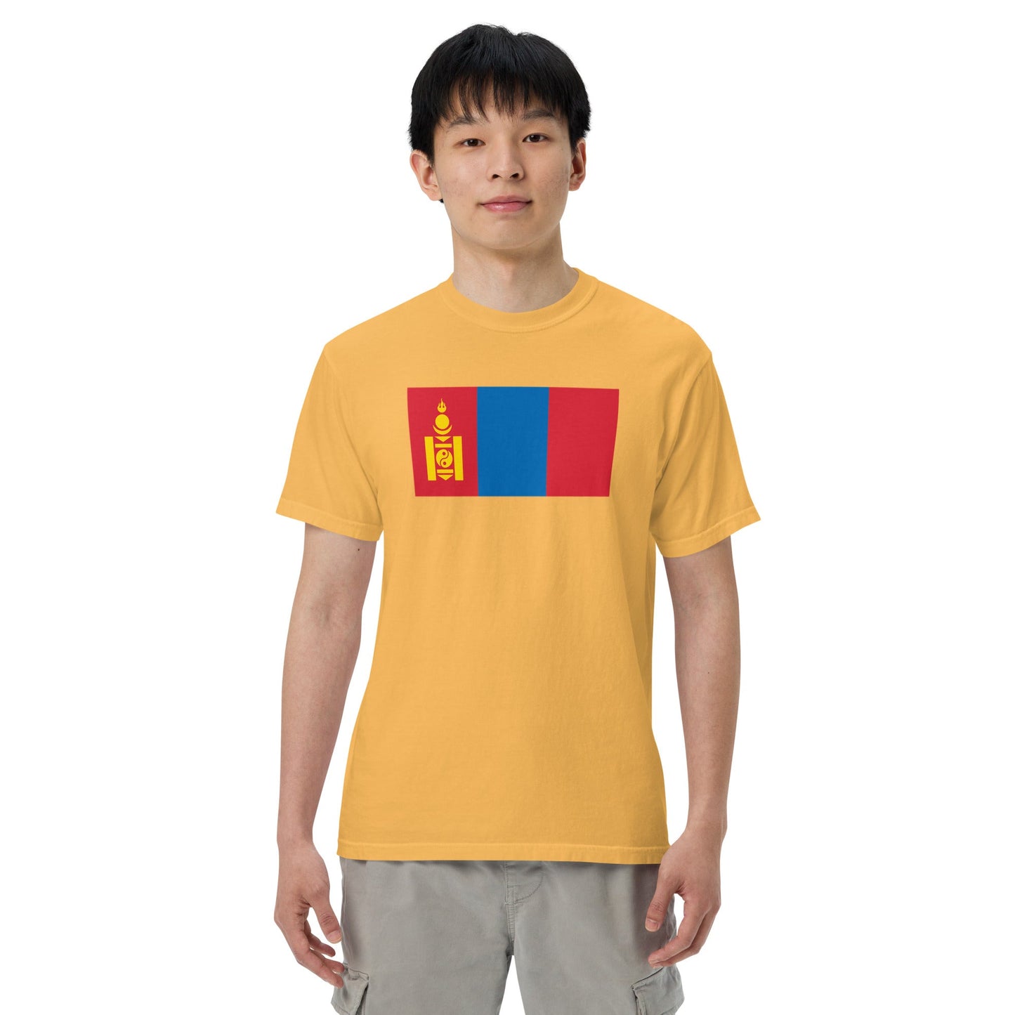 Flat lay of true navy Mongolia flag tee, 2X large size