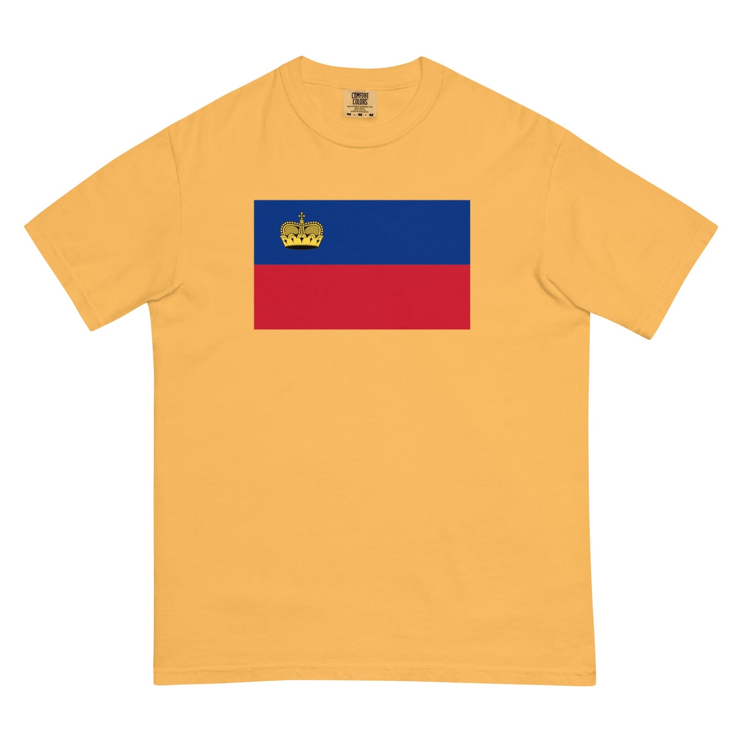 Flat lay of espresso Liechtenstein flag tee, large size
