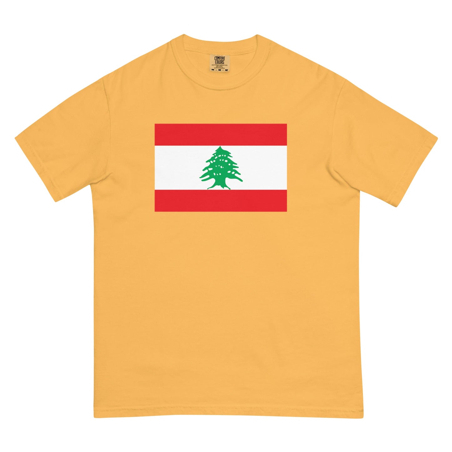 Stylish Lebanon flag t-shirt laid flat, medium, brick