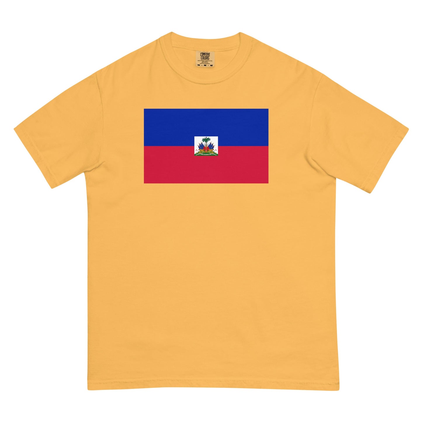 Stylish Haiti flag t-shirt laid flat, medium, yam
