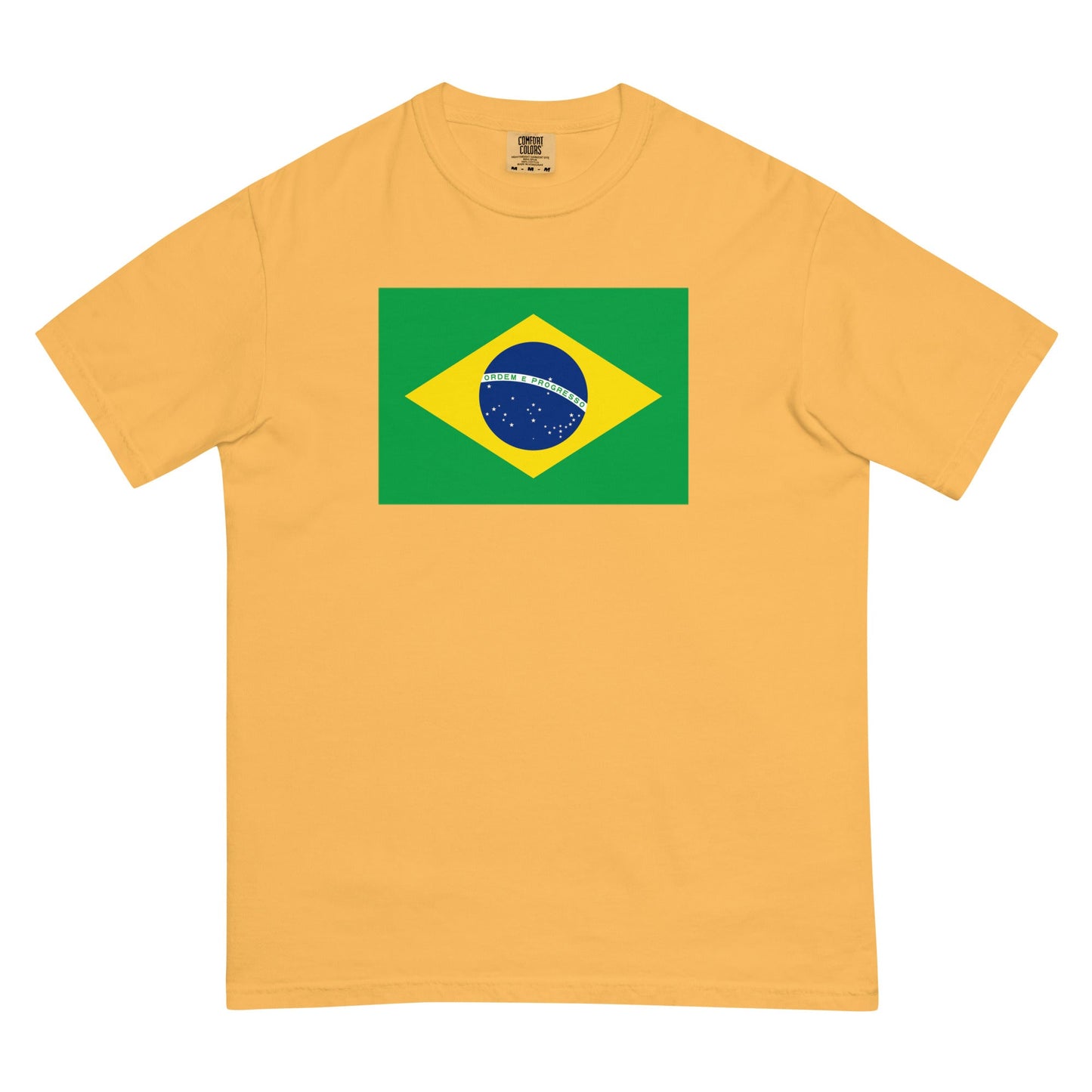 Stylish Brazil flag t-shirt laid flat, medium, paprika