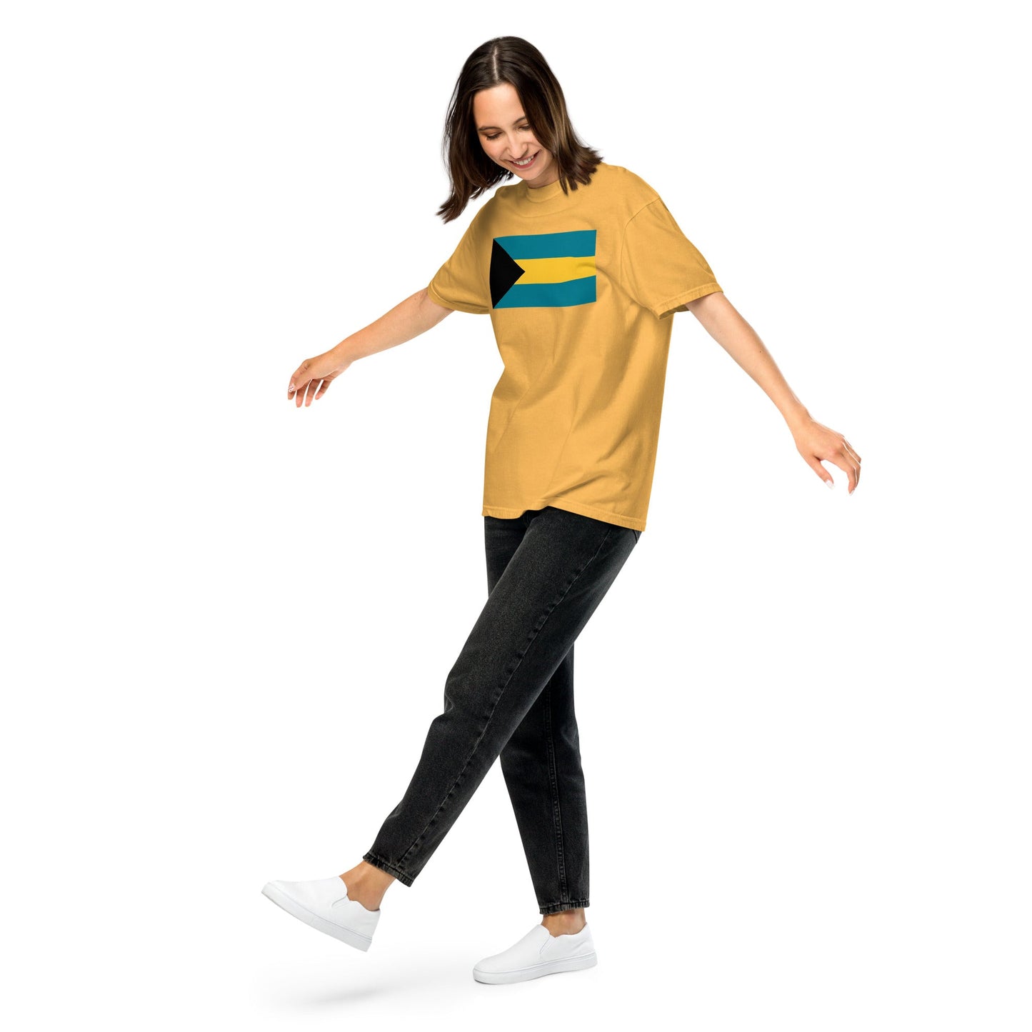 Flat lay of navy Bahamas flag tee, small size