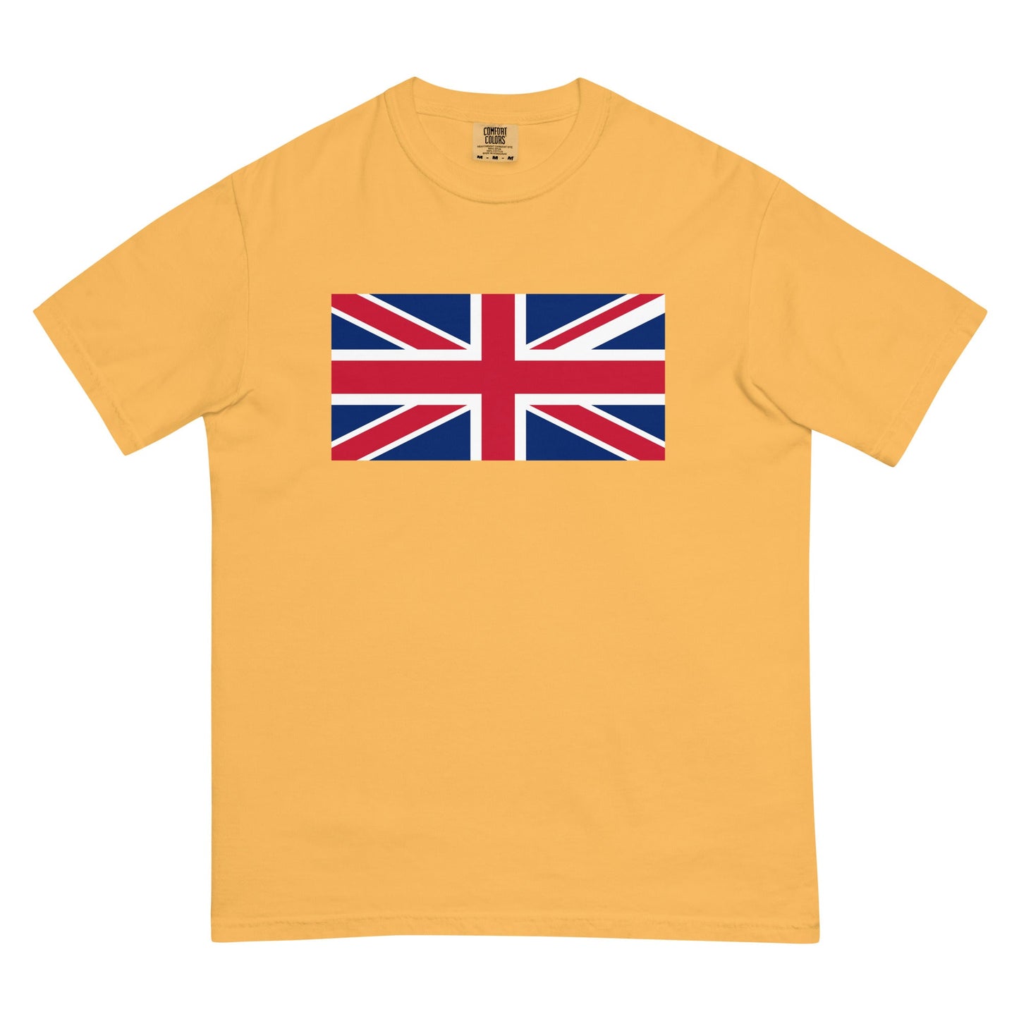 Stylish United Kingdom flag t-shirt laid flat, 4X large, mustard