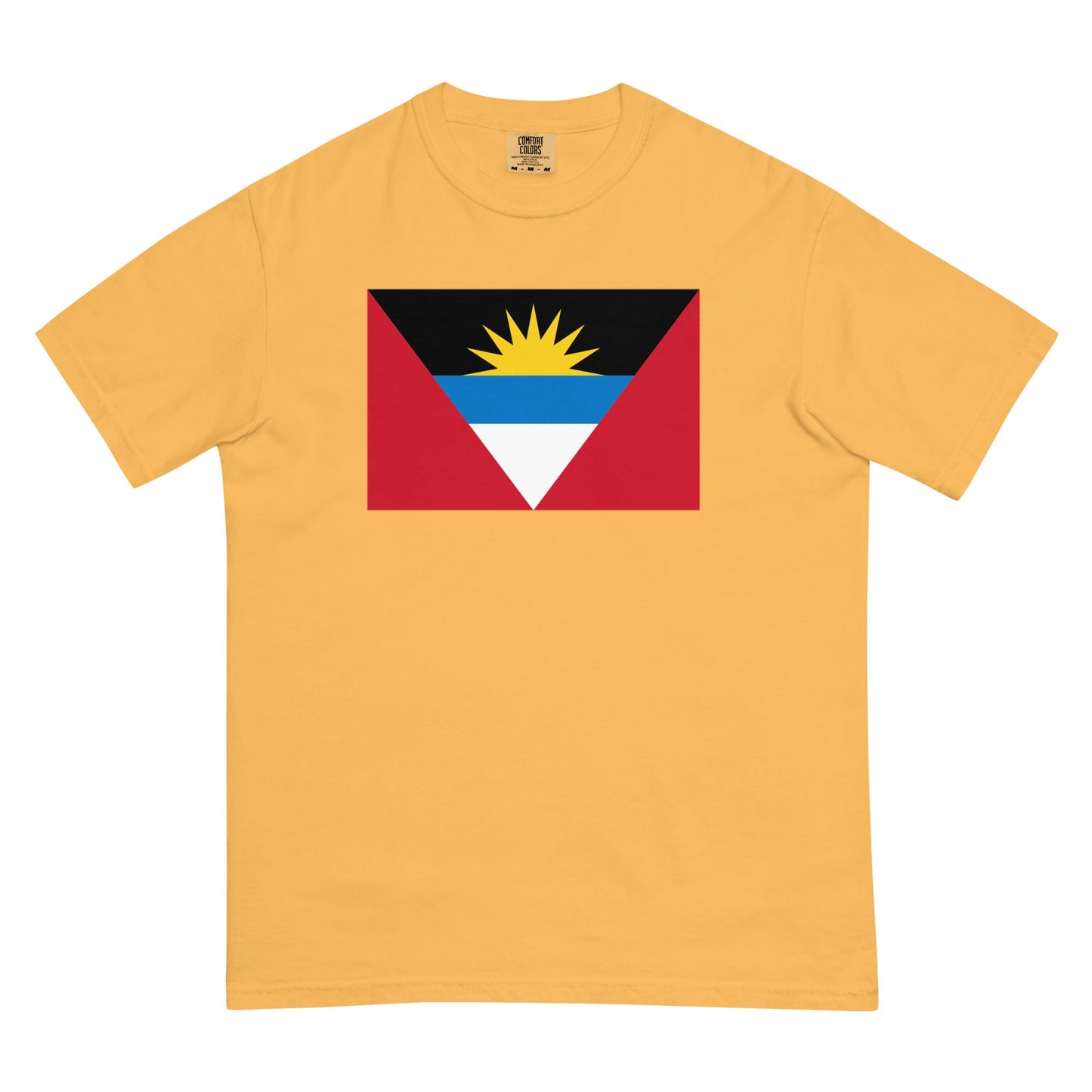 Flat lay of mustard Antigua And Barbuda Flag Pride Shirt flag tee, 4X large size