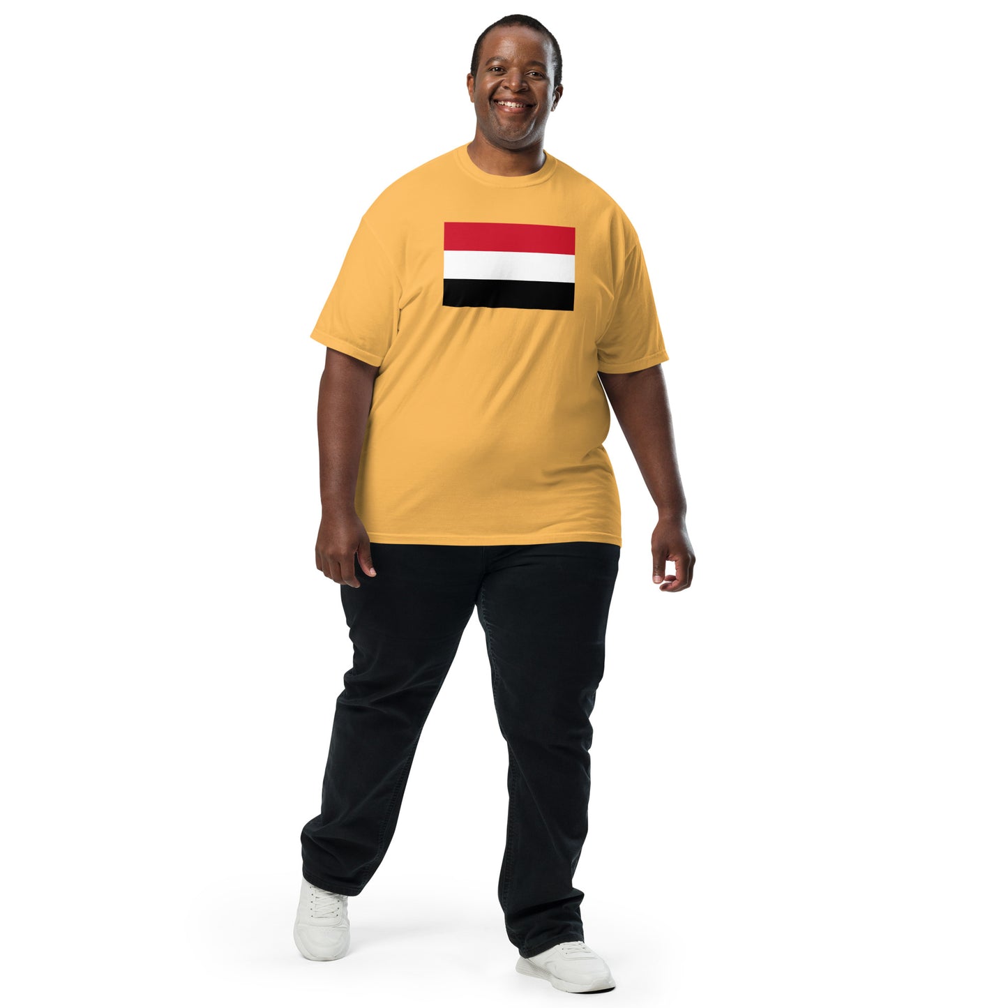 Stylish Yemen flag t-shirt laid flat, small, flo blue