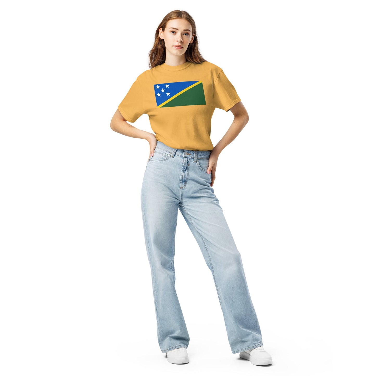 Stylish Solomon Islands flag t-shirt laid flat, medium, black