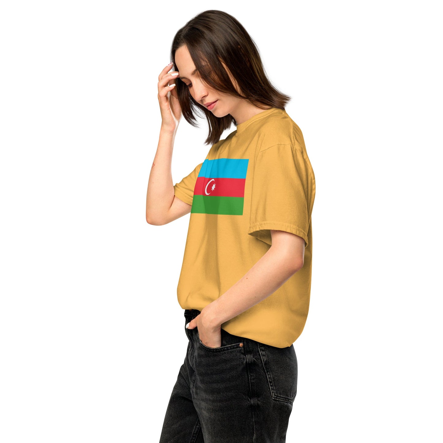 Flat lay of blue spruce Azerbaijan flag tee, small size