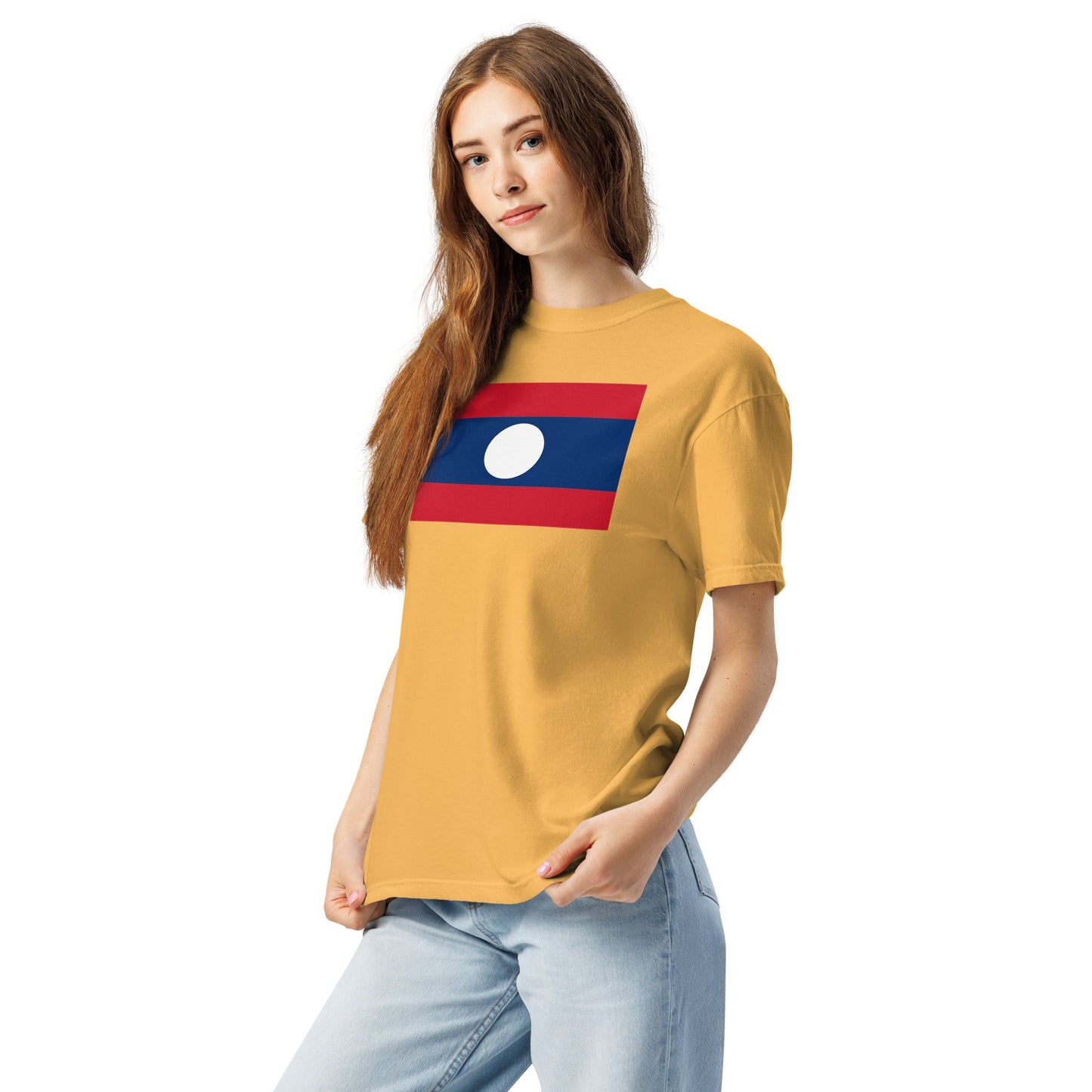 Flat lay of true navy Laos flag tee, extra large size