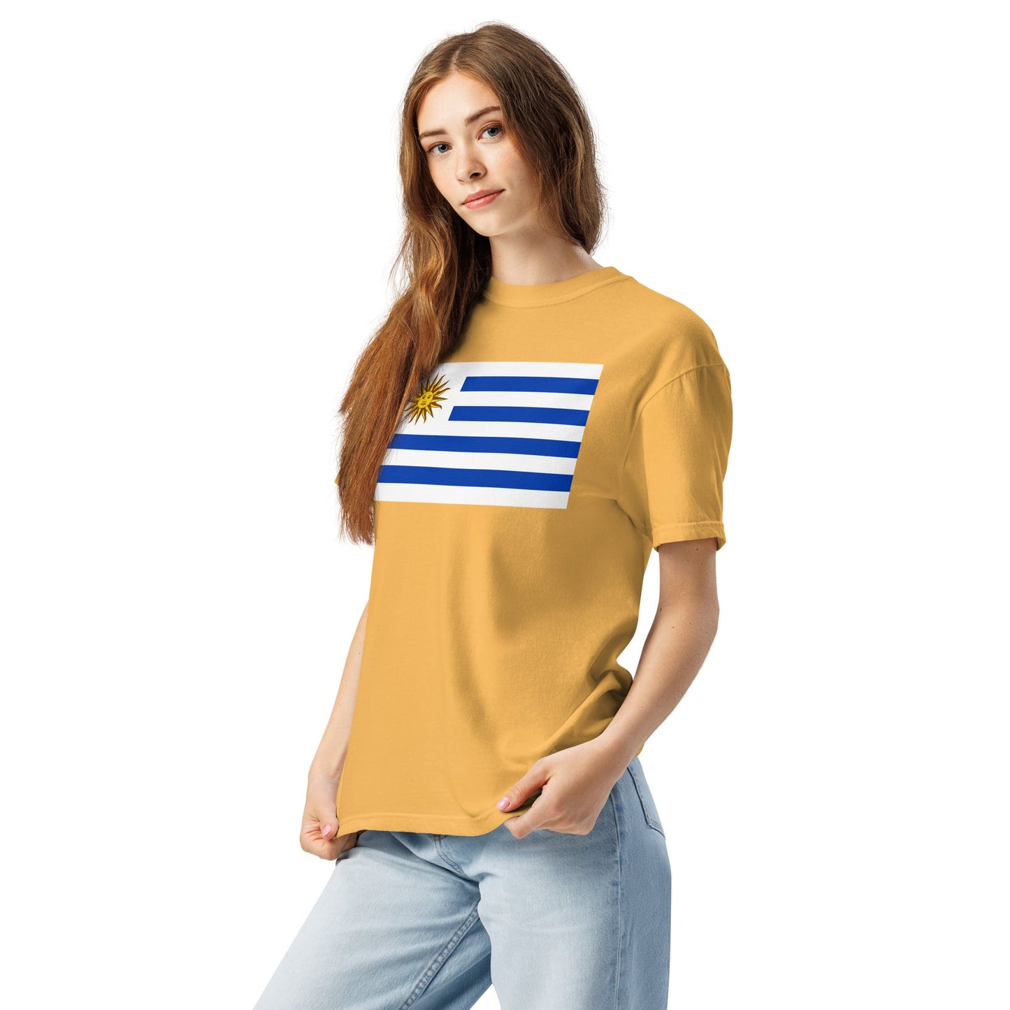 Flat lay of true navy Uruguay 1 flag tee, 3X large size