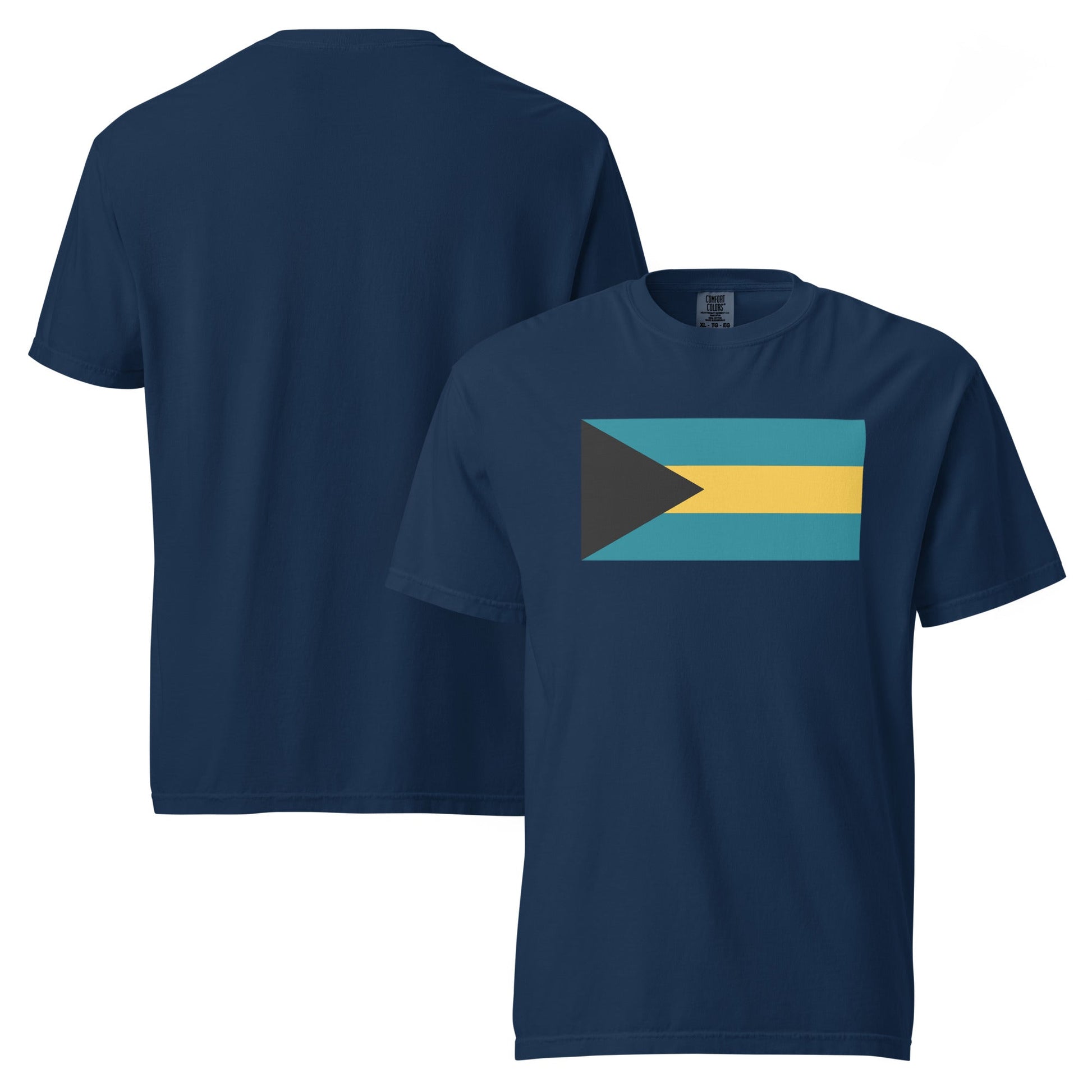Stylish Bahamas flag t-shirt laid flat, large, navy
