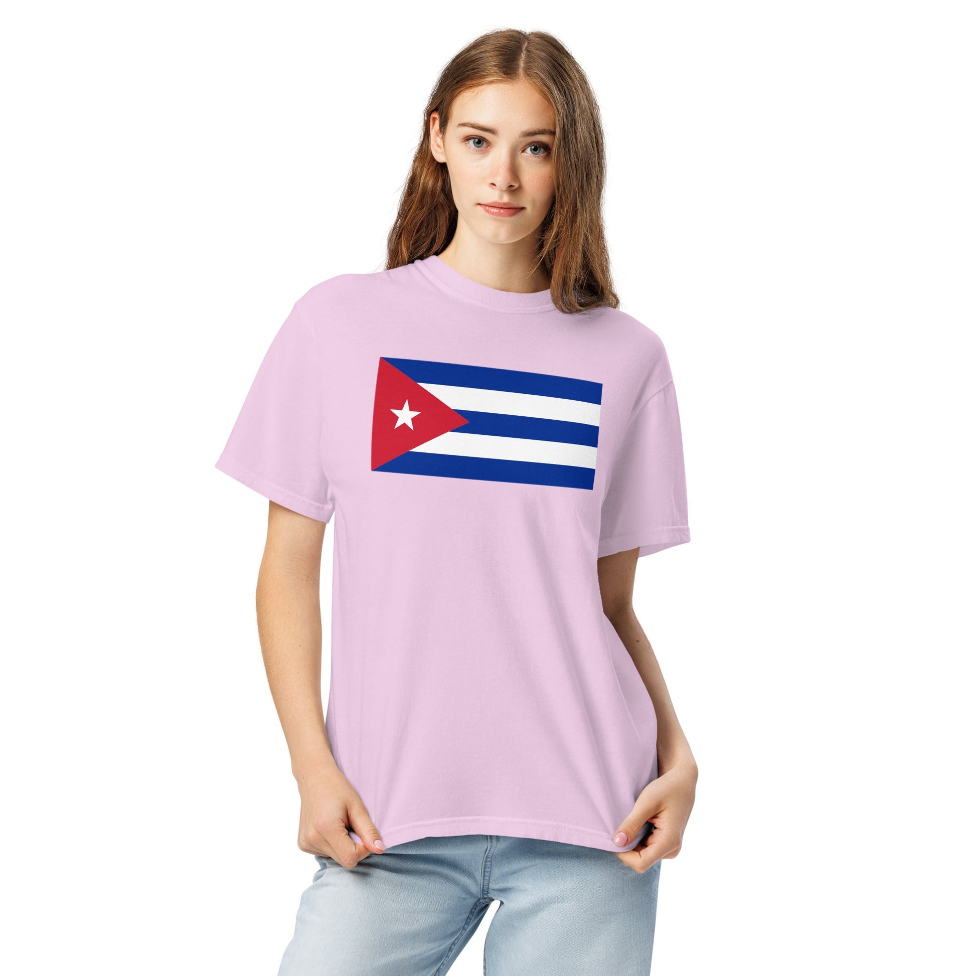 Stylish Cuba flag t-shirt laid flat, large, black