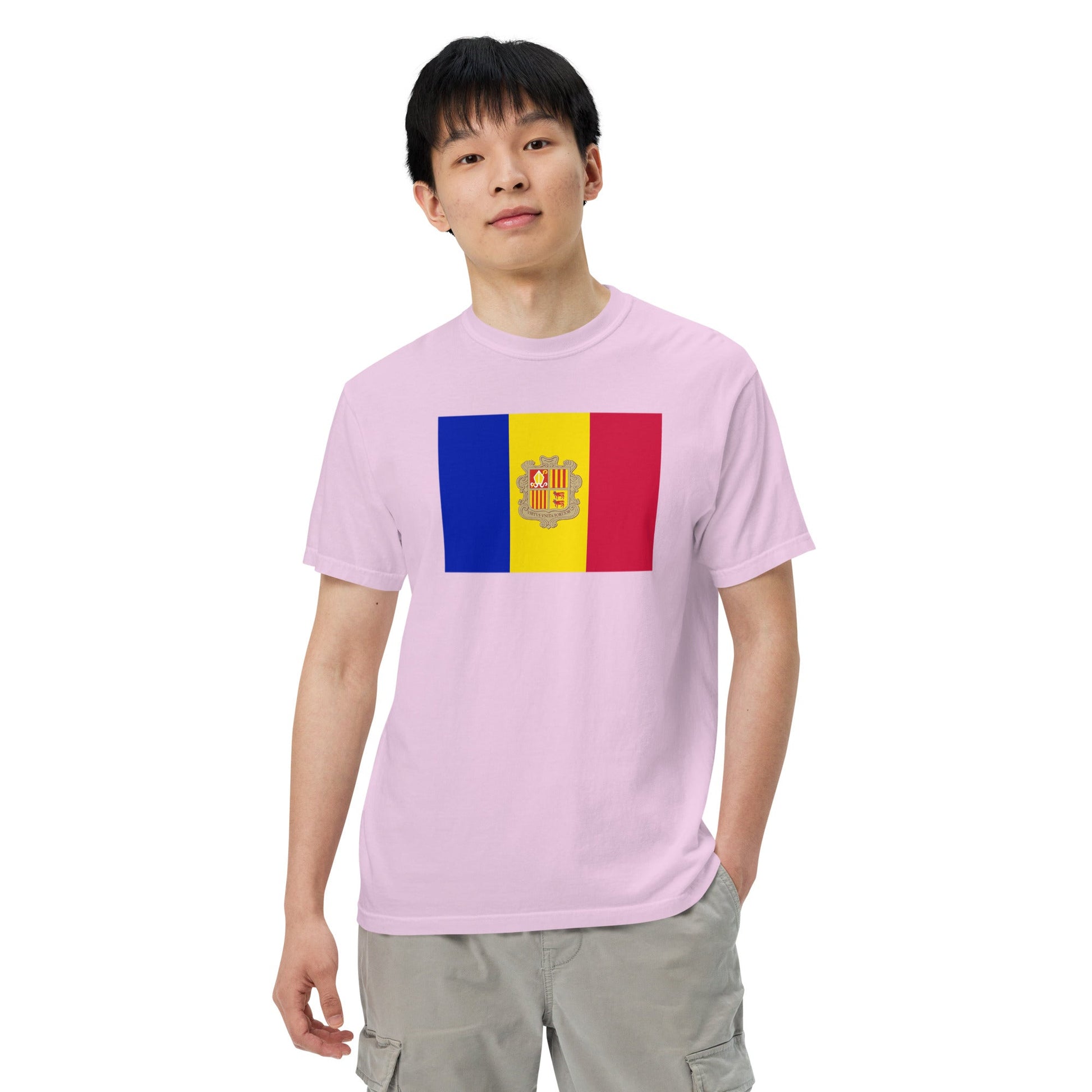 Stylish Andorra flag t-shirt laid flat, 4X large, brick