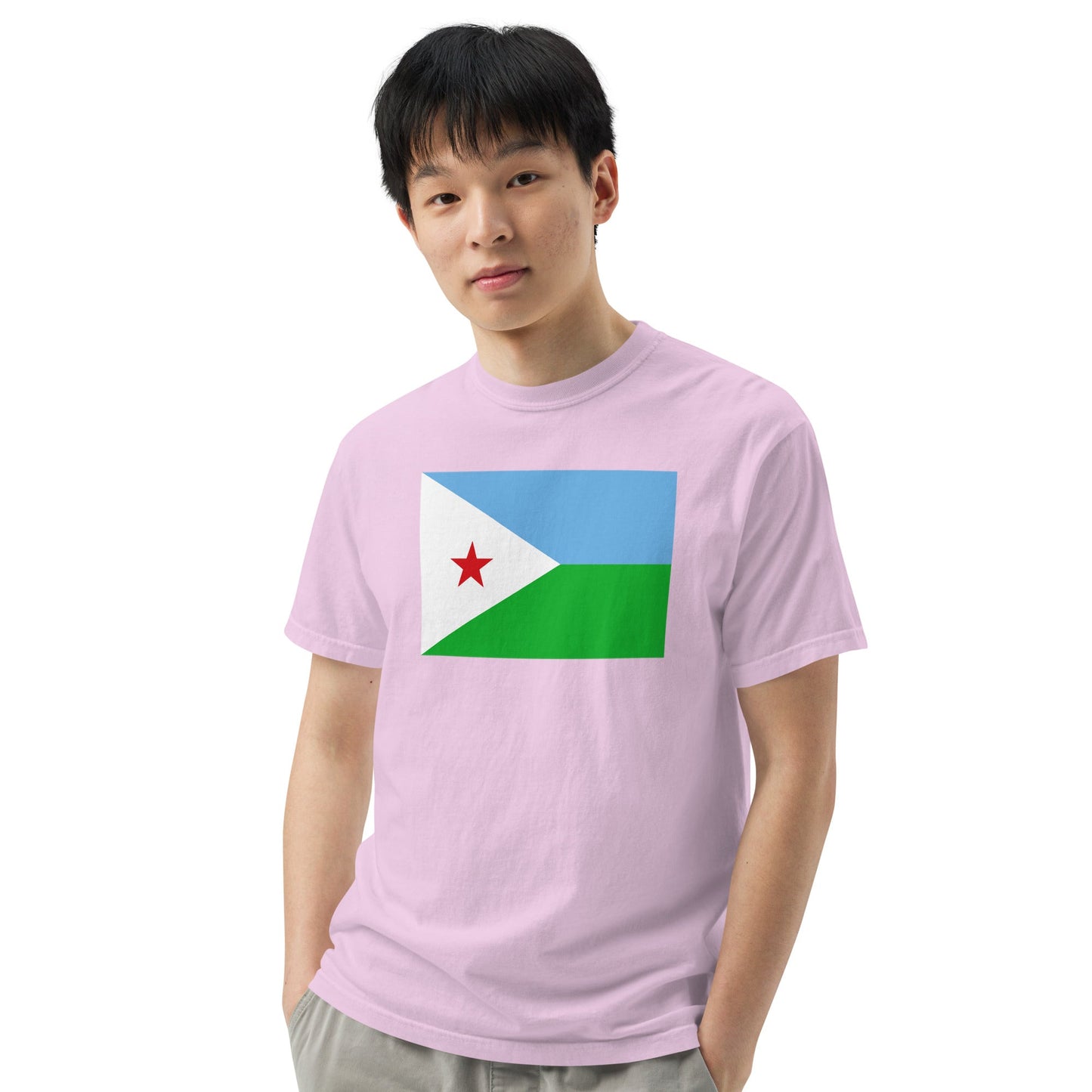 Flat lay of true navy Djibouti flag tee, small size