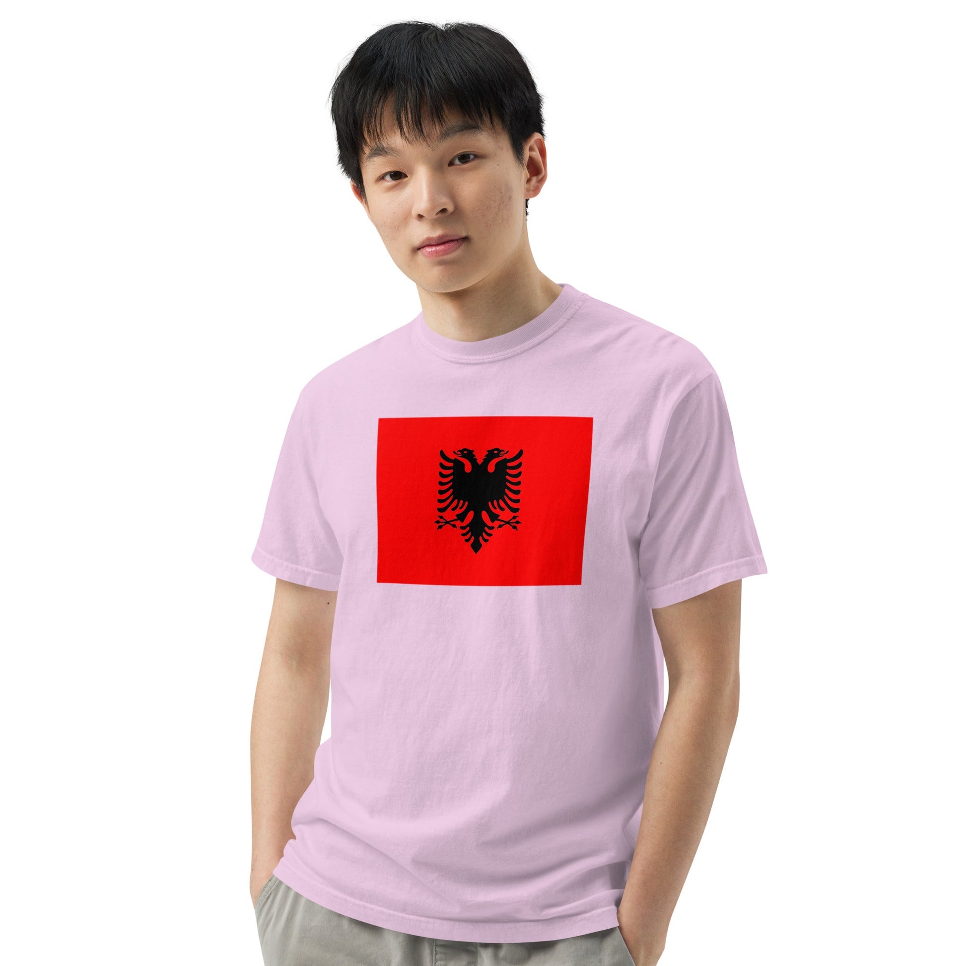 Flat lay of hemp Albania flag tee, large size