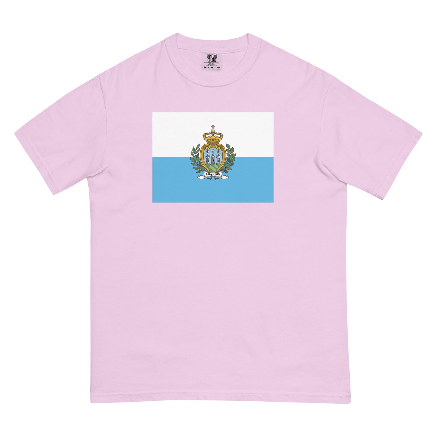 Stylish San flag t-shirt laid flat, small, black