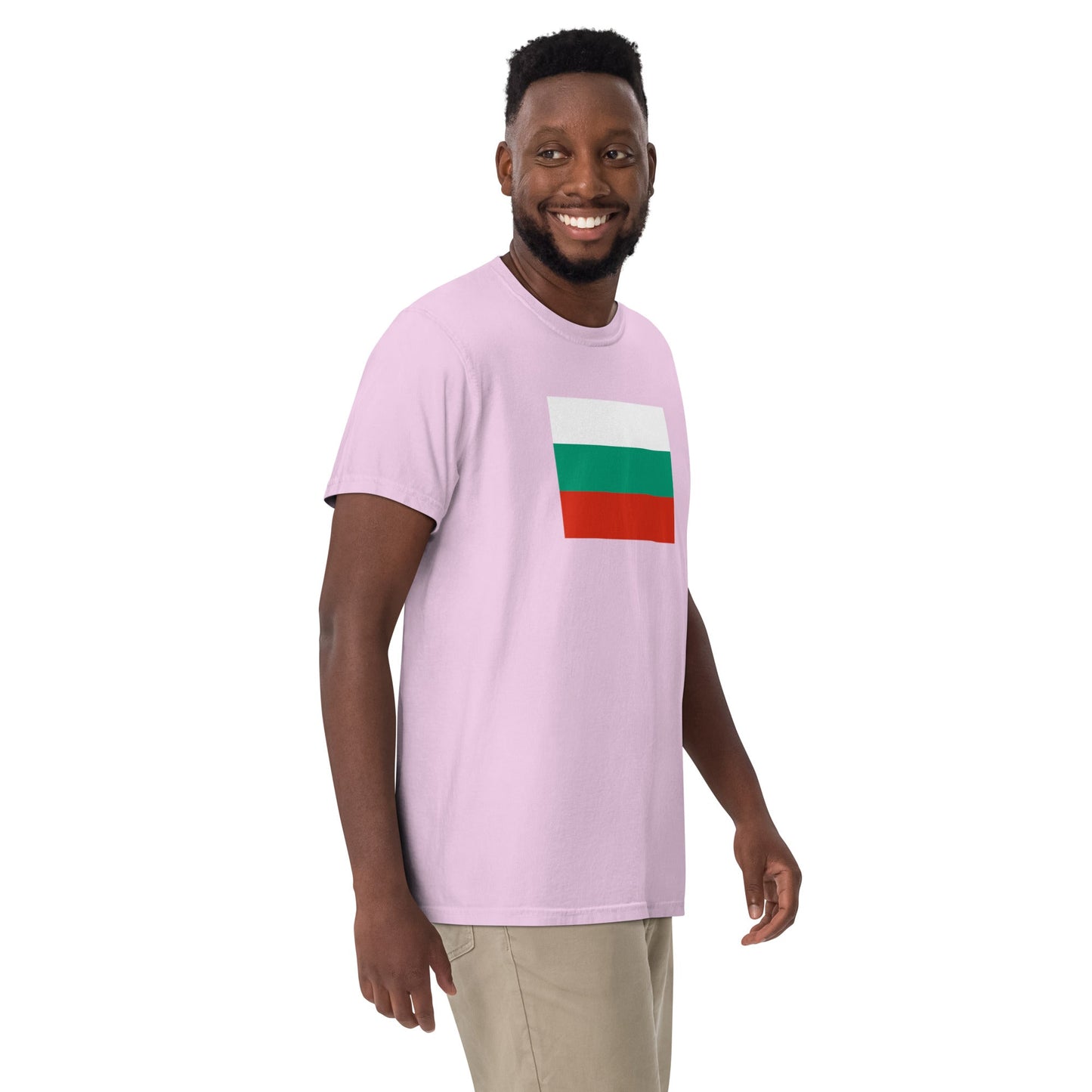 Stylish Bulgaria flag t-shirt laid flat, medium, grape