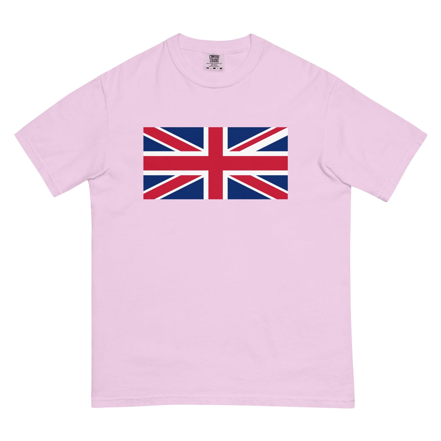 Flat lay of orchid United Kingdom flag tee, 4X large size