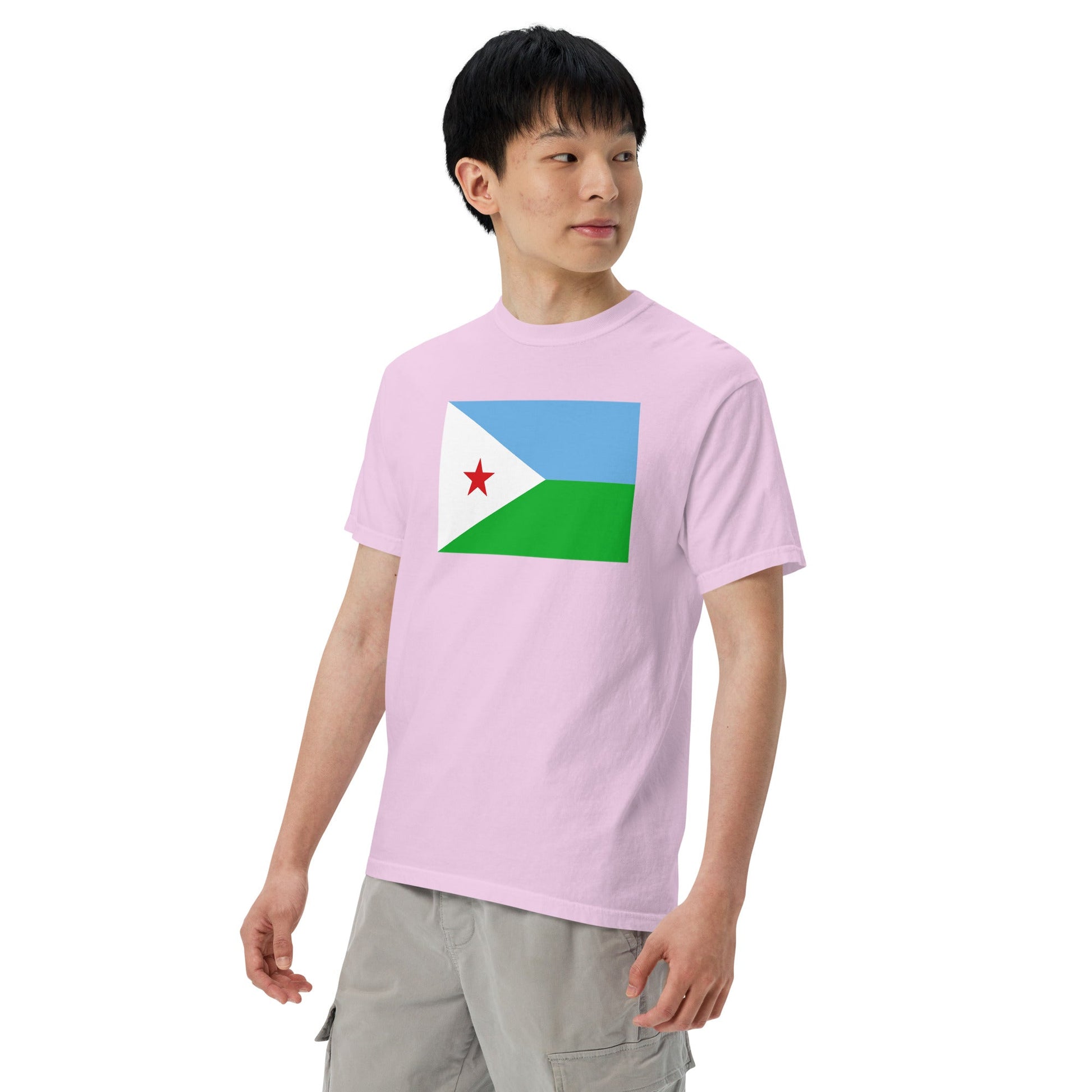 Stylish Djibouti flag t-shirt laid flat, 4X large, red