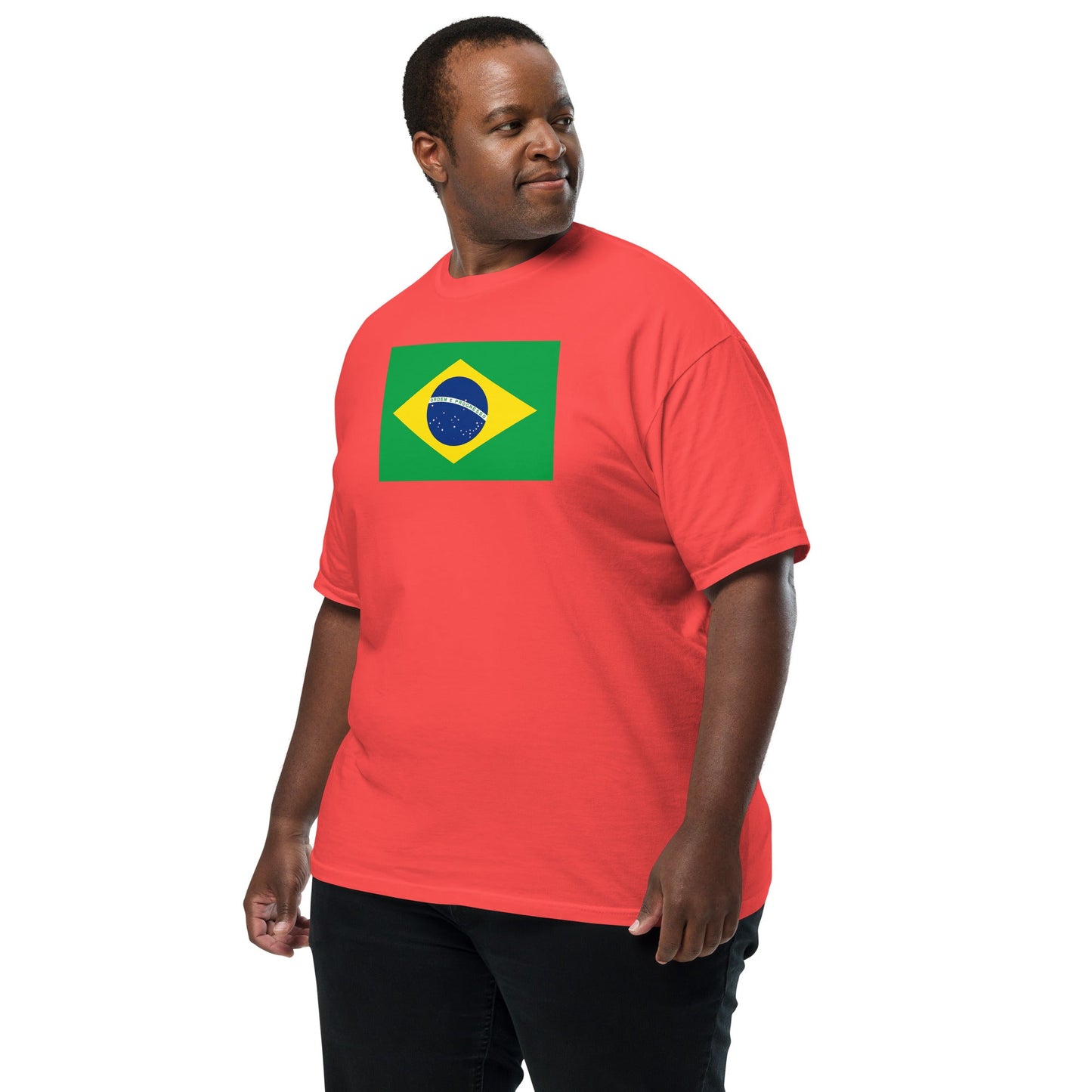 Flat lay of red Brazil flag tee, small size