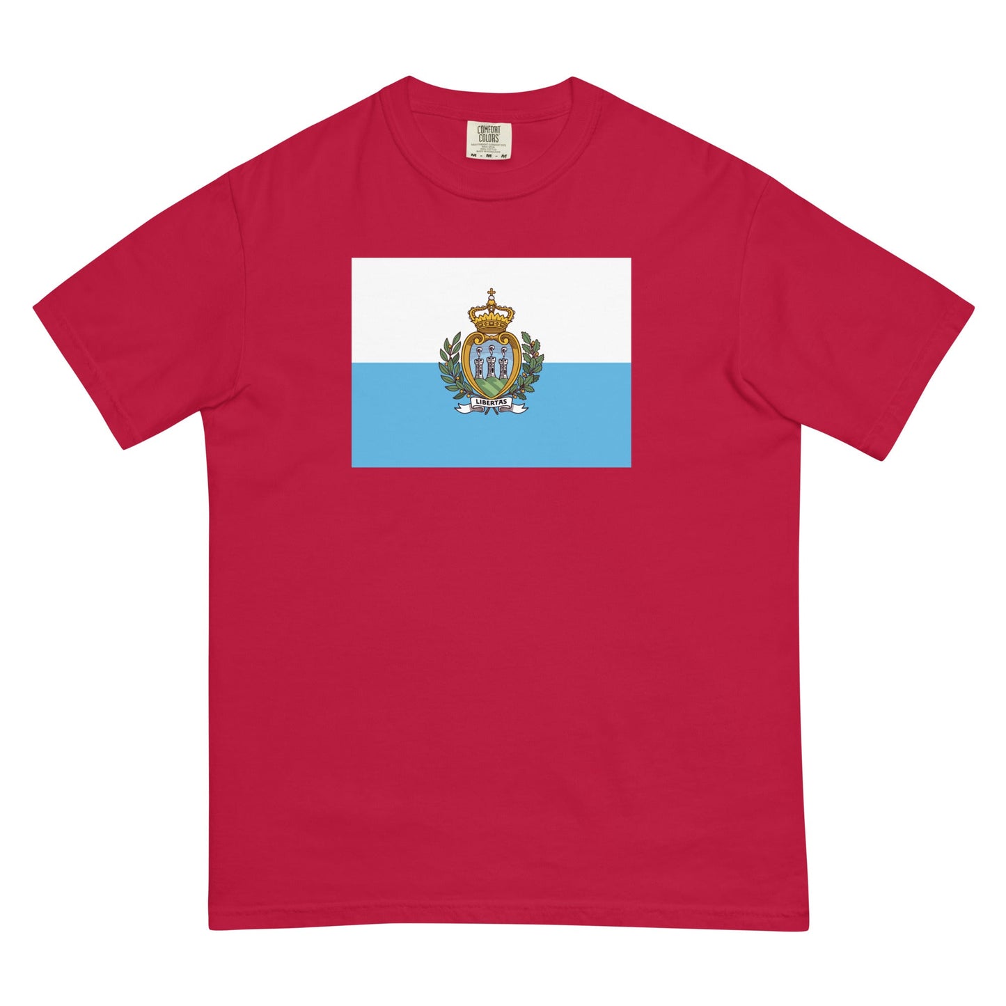 Flat lay of black San Marino flag tee, 4X large size