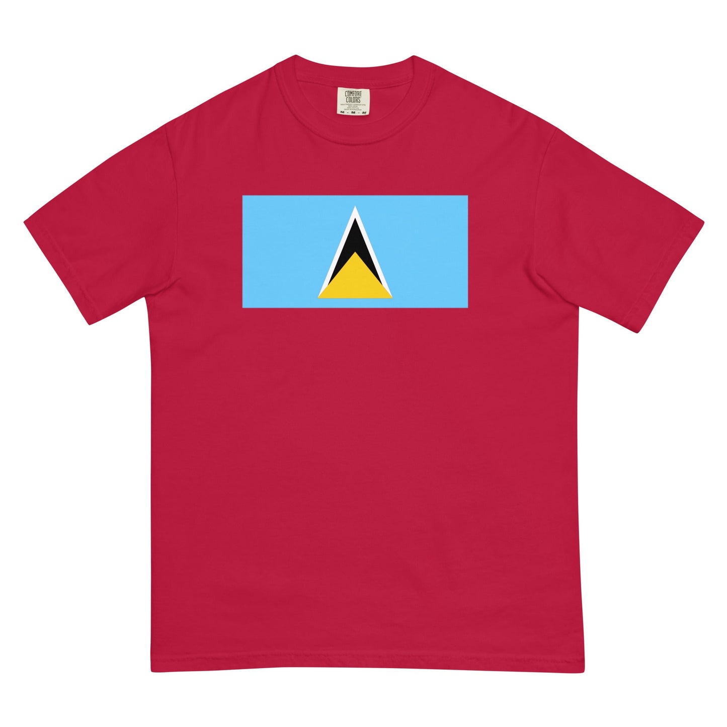Stylish Saint Lucia flag t-shirt laid flat, 4X large, black