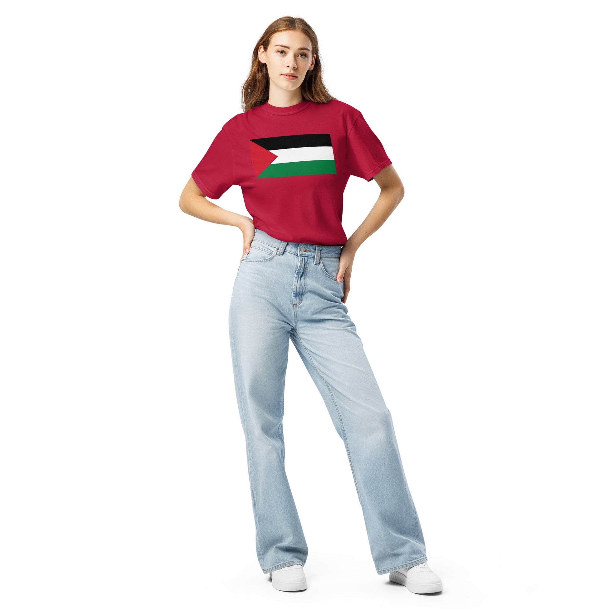 Flat lay of black Palestine flag tee, medium size