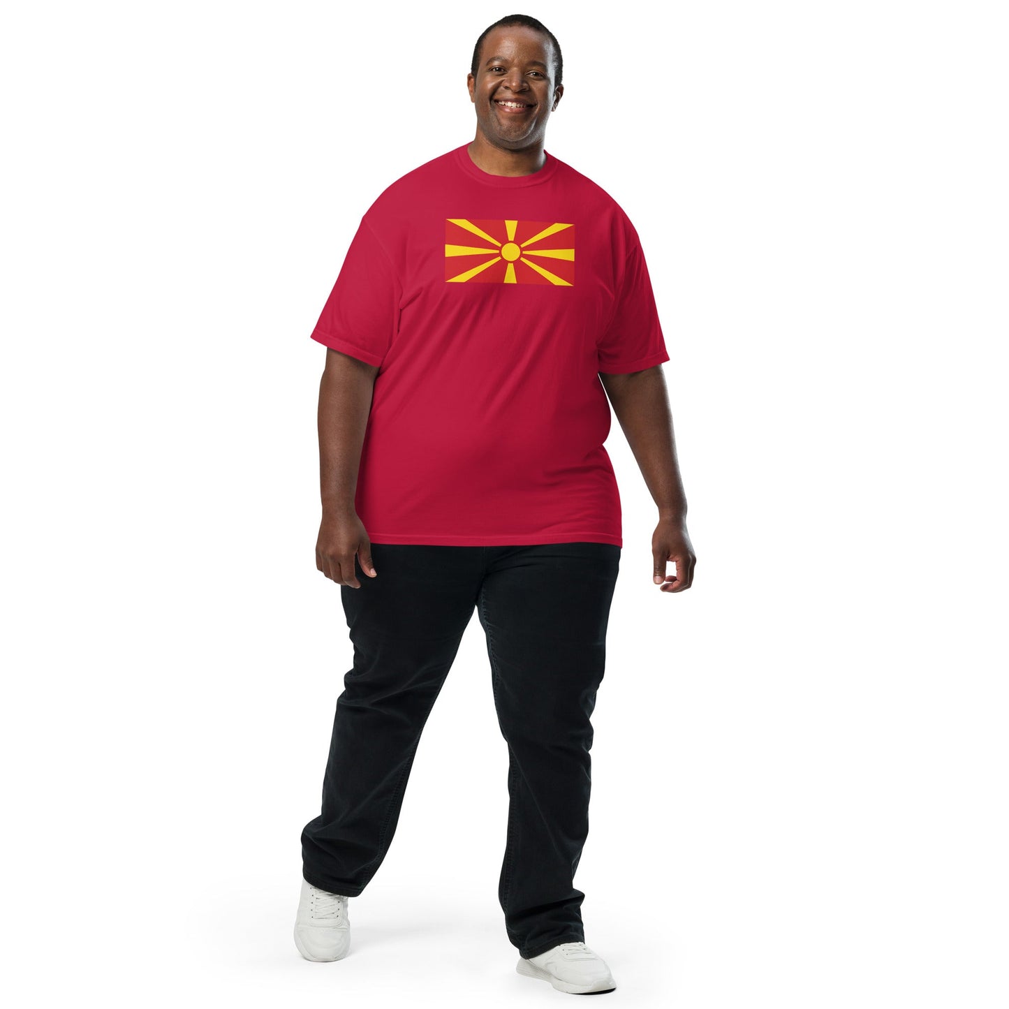 Bold North Macedonia Formerly Macedonia flag design tee in black, extra large