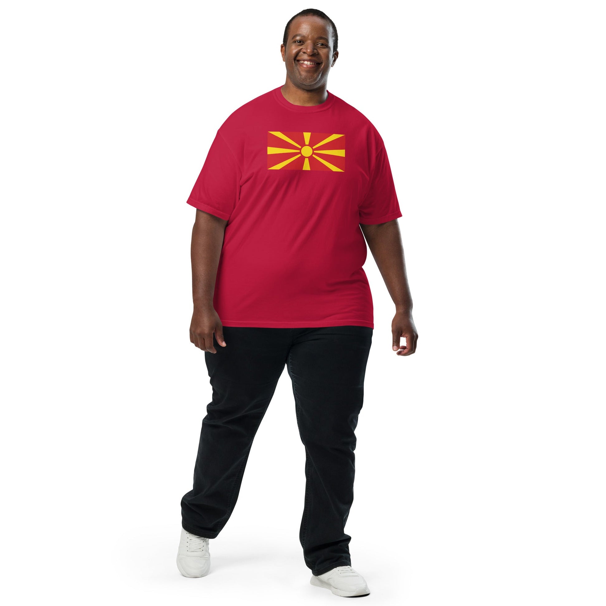 Bold North Macedonia Formerly Macedonia flag design tee in black, extra large