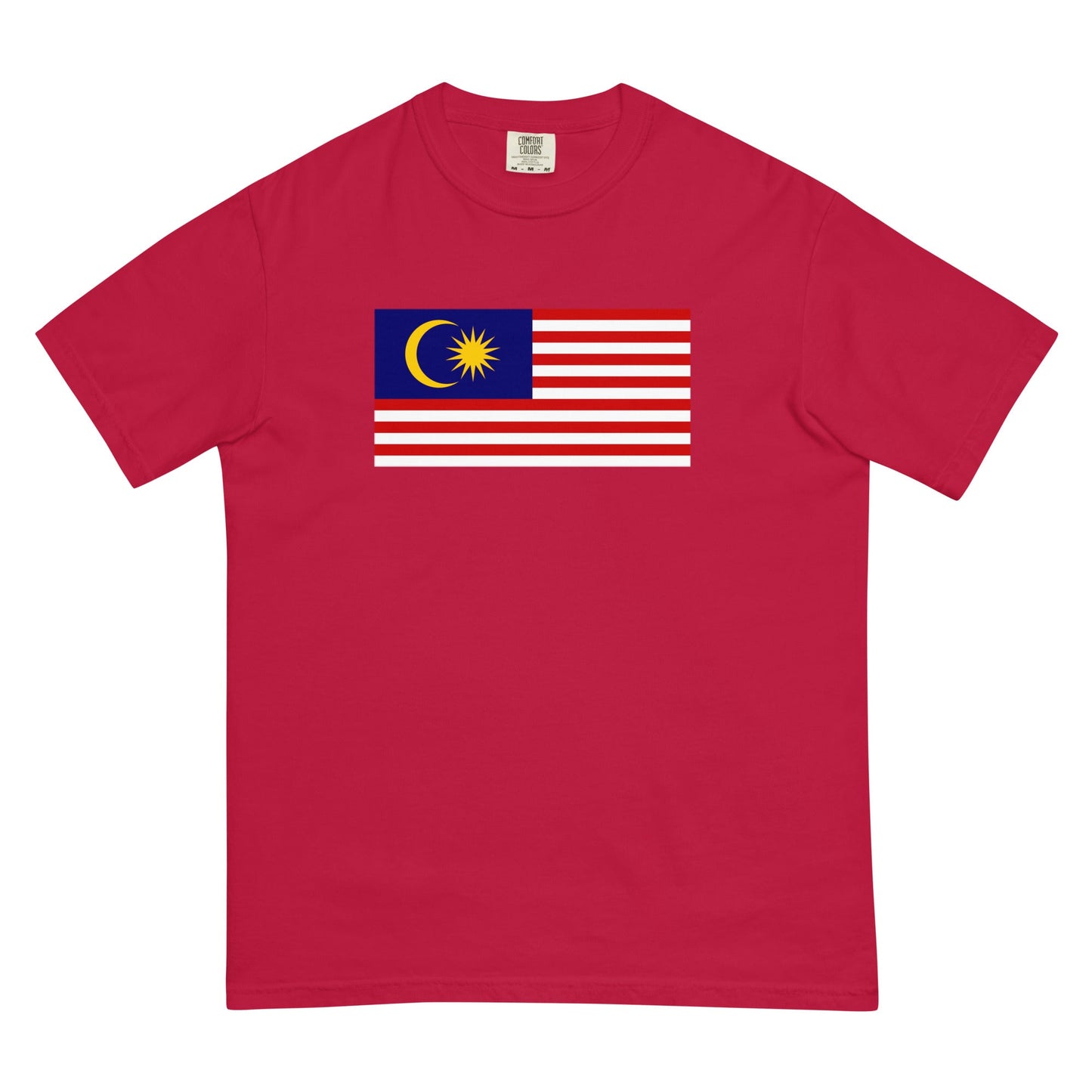 Flat lay of black Malaysia flag tee, small size