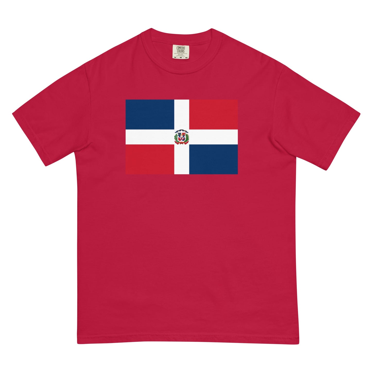 Stylish Dominican Republic flag t-shirt laid flat, medium, blue spruce