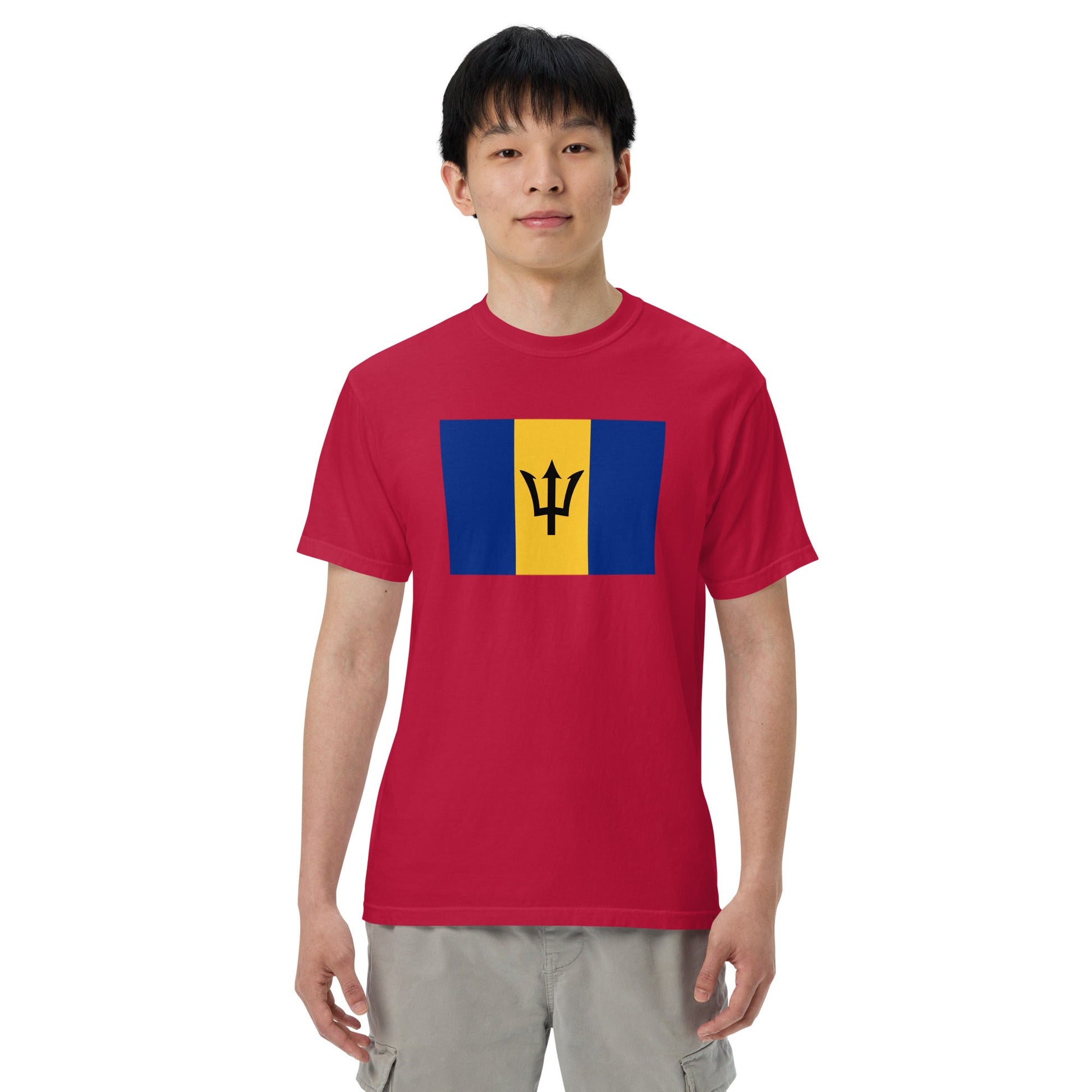 Flat lay of navy Barbados flag tee, medium size