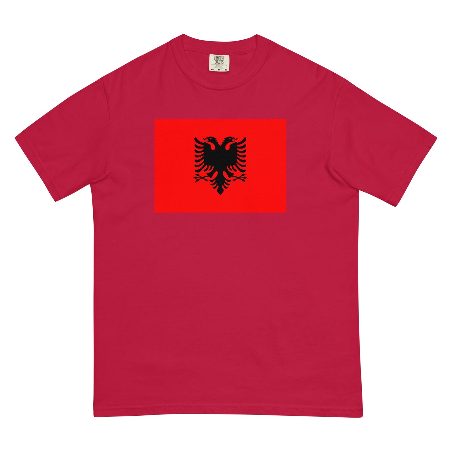 Flat lay of hemp Albania flag tee, 3X large size