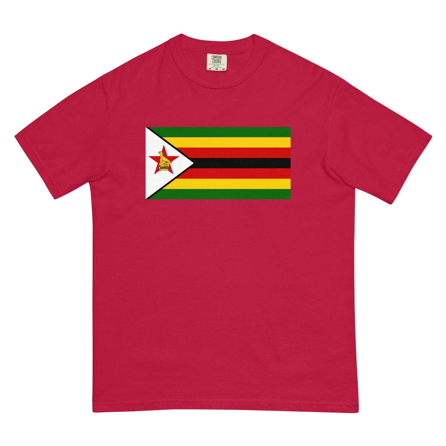 Flat lay of red Zimbabwe flag tee, small size