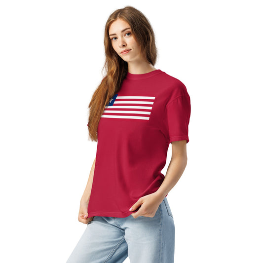 Stylish Liberia flag t-shirt laid flat, medium, black
